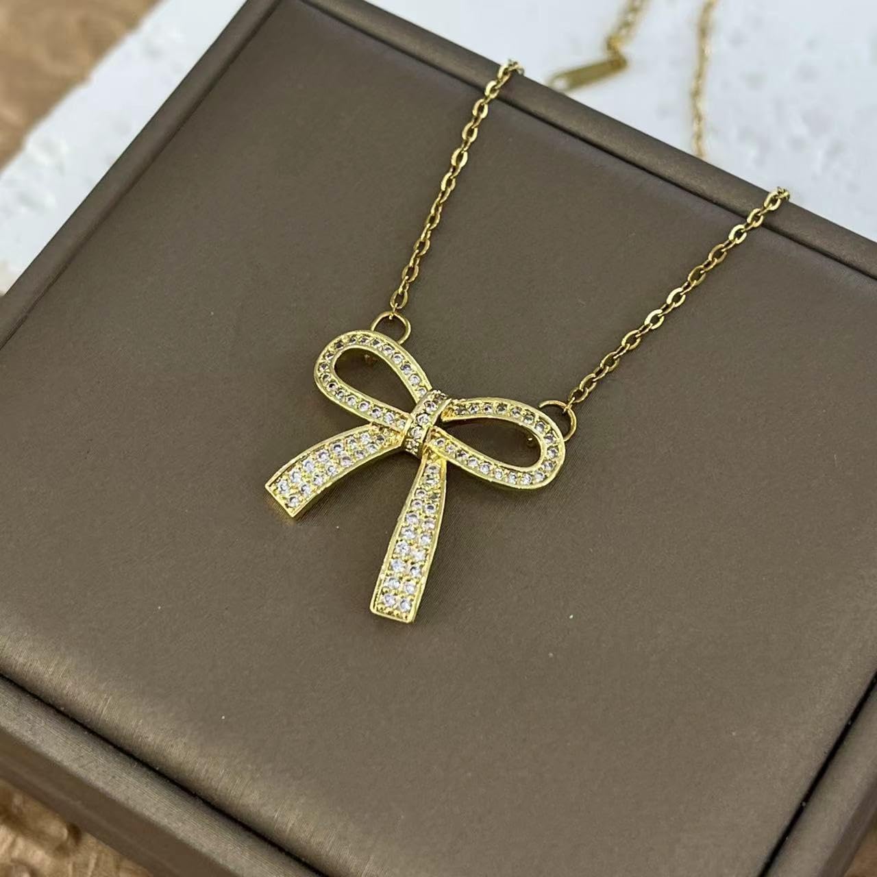 ZKJTEARY Bow necklace for Women Trendy Dainty 18k Gold Plated Cubic zirconia Charm Pendent Necklace Minimalist Delicate Bow Jewelry for Women Valentine Christmas Gift (bow)
