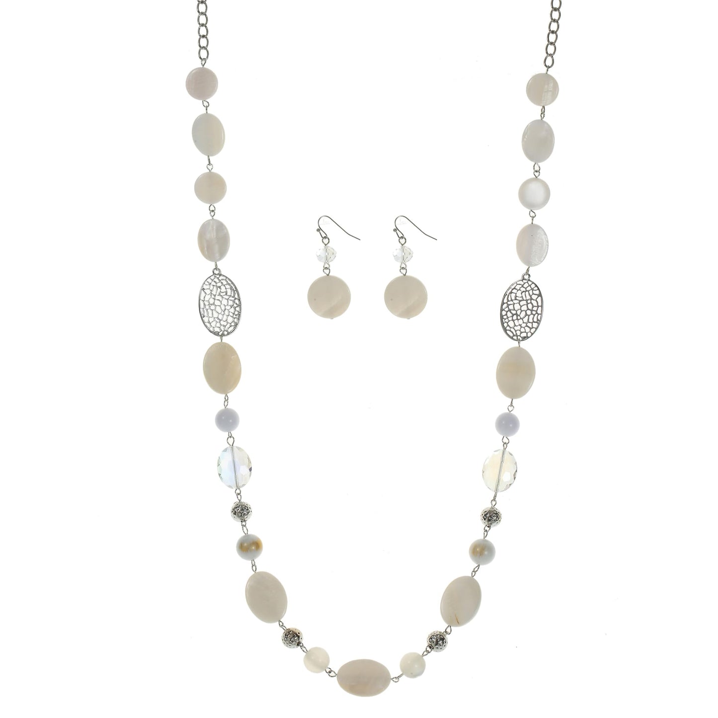 Aenu Beaded Long Necklace Set for Women Silver Gold Tone Sweater Chain Stone Crystal Beads Necklace Trendy Fashion Jewelry for Holiday Gifts (White)