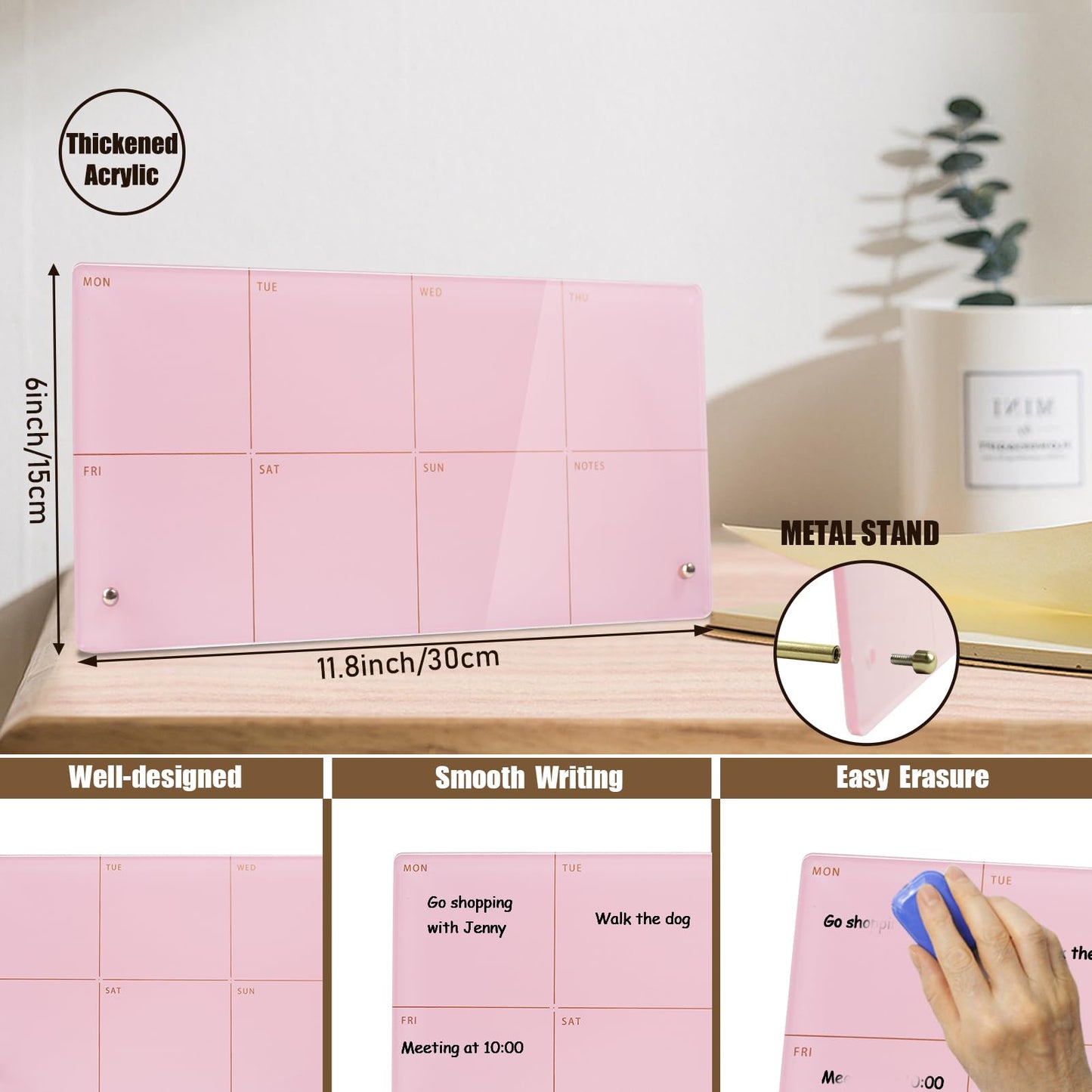 Marribol Desktop Acrylic Weekly Planner Whiteboard with Stand,12"X6"-Small,Dry Erase Weekly Planner for Desk,Acrylic Desk Calendar Dry Erase,Pink Dry Erase Board for Office Home School-ZMZL-P-1530