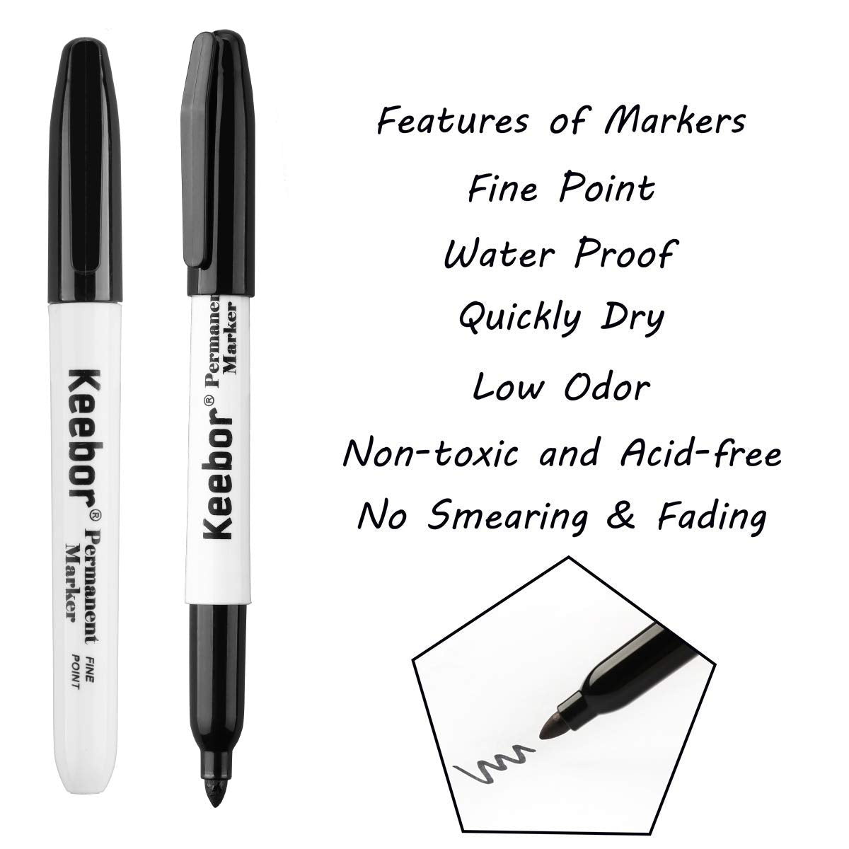 Keebor Permanent Markers Bulk, 60 Pack Black Permanent Markers, Quick Drying & Fade Resistant, Fine Point Marker Set for Wood, Plastic, Paper, Metal