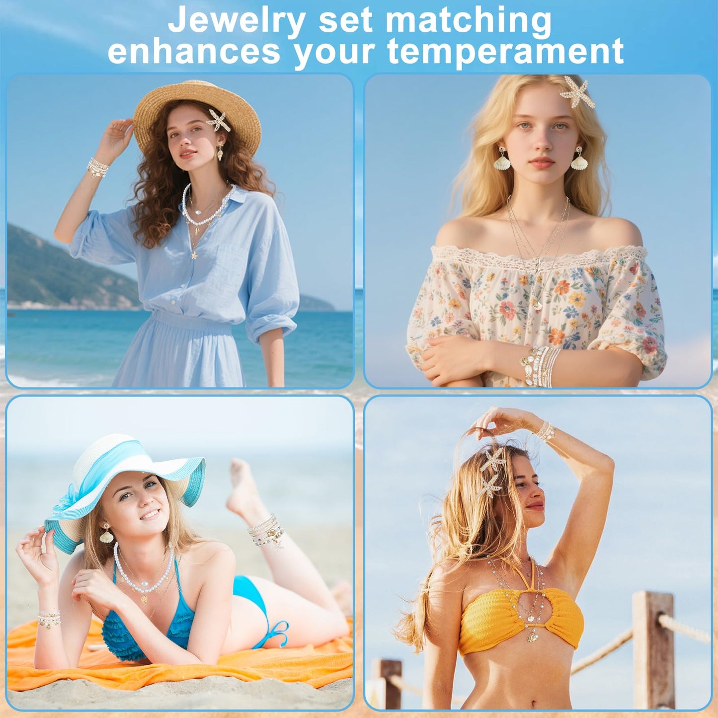 42 Pcs Starfish Seashell Jewelry Set Beach Jewelry for Women Summer Mermaid Accessories Layer Necklace Bracelets Stackable Rings Anklet Stud Earrings Pearl for Holiday Vacation Wedding Party Gifts