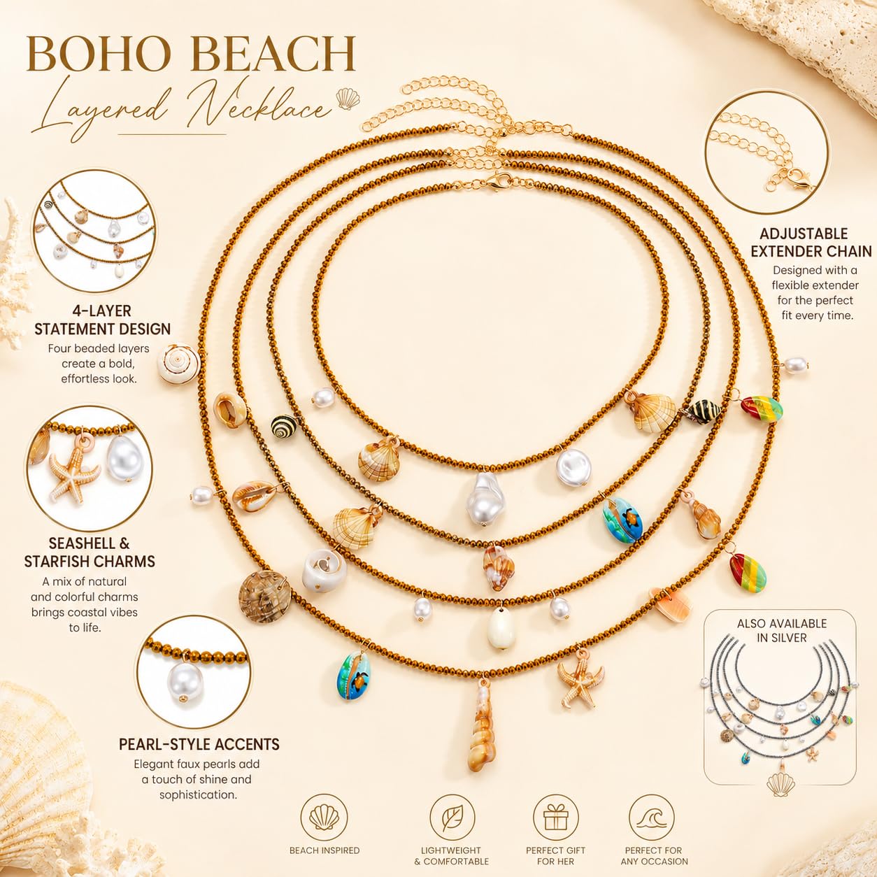 Boho Seashell Necklace For Women, Handmade Multi Layer Beaded Shell Starfish Conch Pearl Charm Pendant Necklaces Summer Beach Fashion Gifts Jewelry (4Pcs Gold)