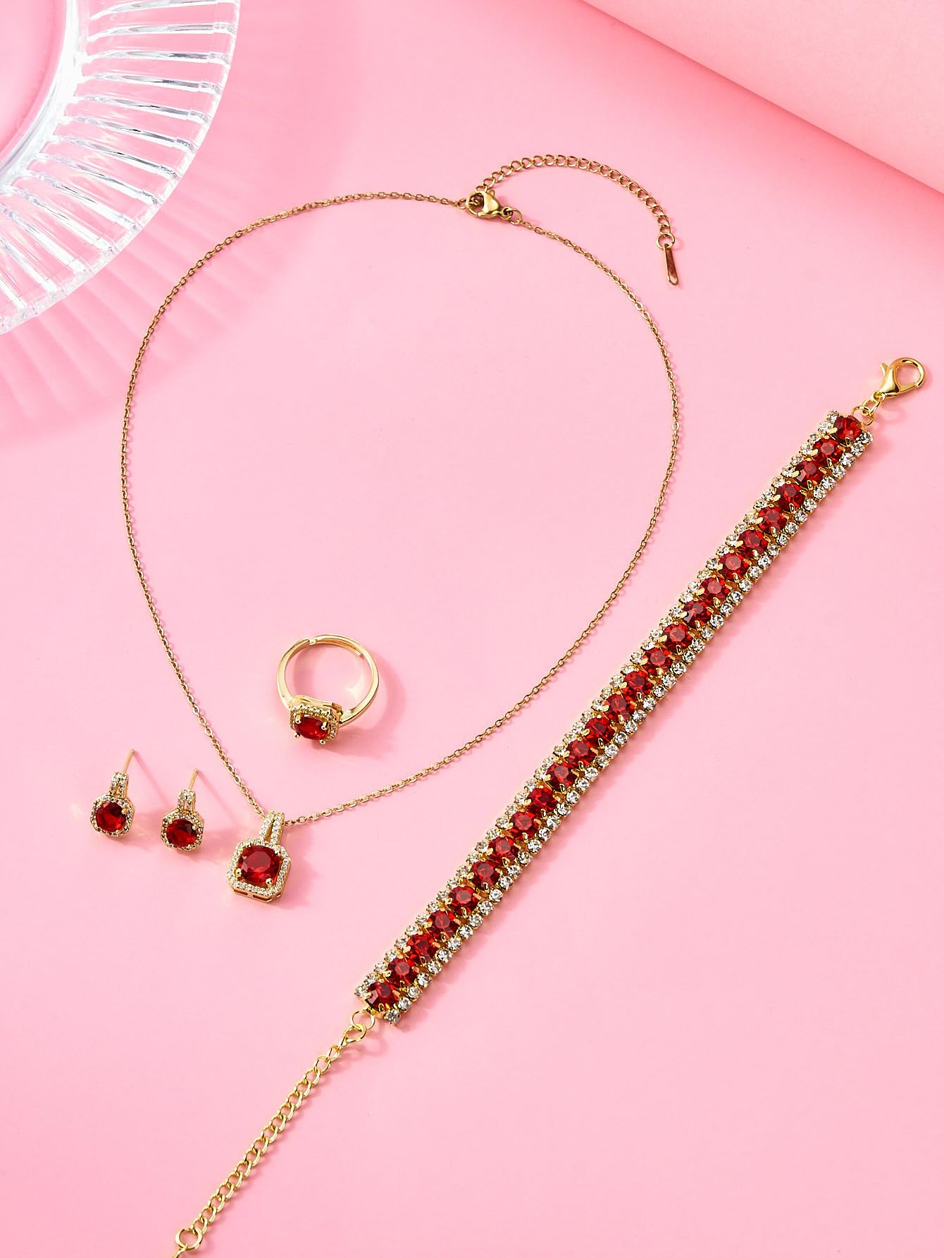Paxuan Crystal Rhinestone Wedding Jewelry Sets Bridal Pendant Necklace Stud Earrings Link Bracelets Rings Set for Women (Gold Plated Red Cubic Zirconia)
