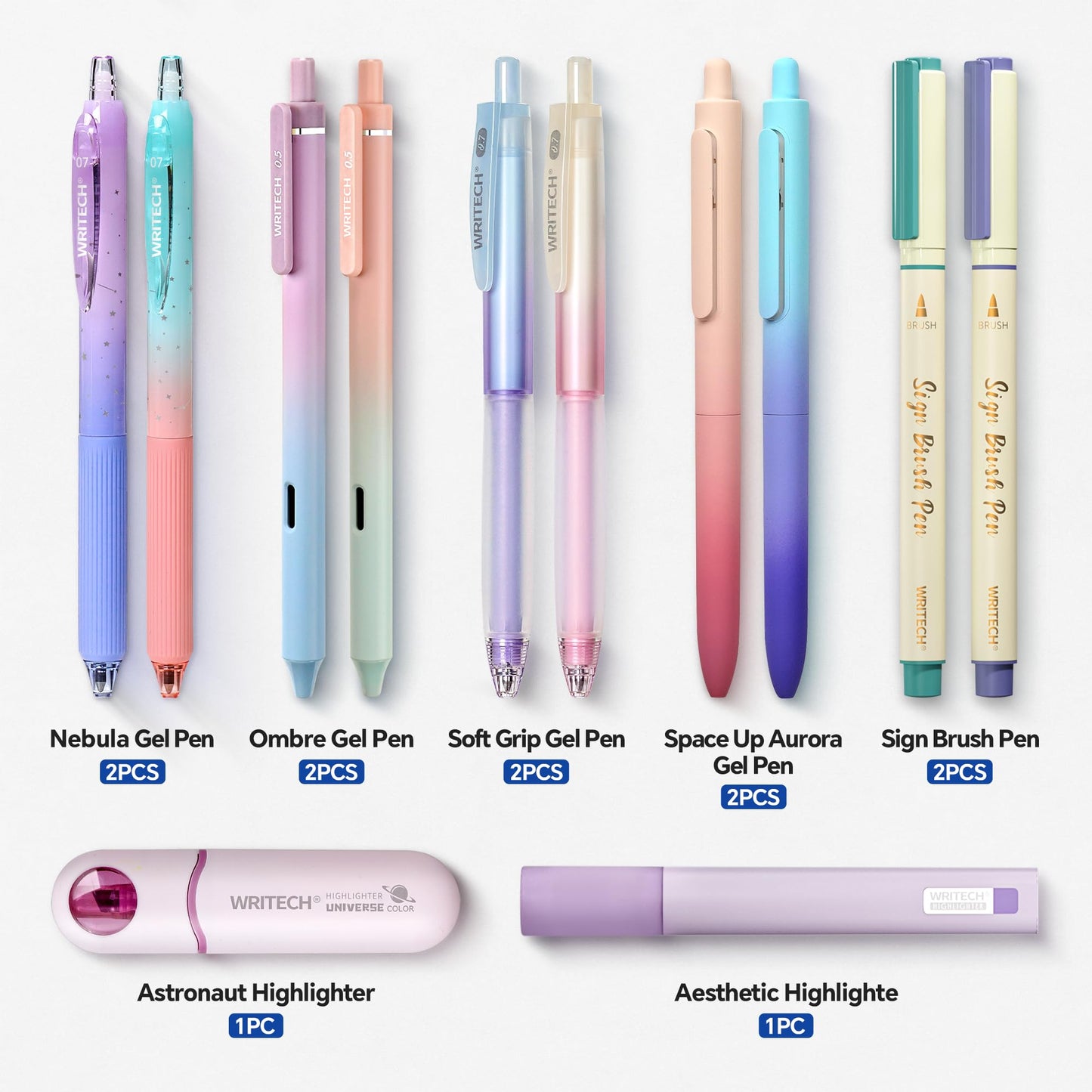 WRITECH Aurora Gel Ink Pens: Wonderland Journaling Pens Set, Gradient Barrels Black Ink Pens Pastel Highlighters Brush Markers, No Bleed Smooth Writing Drawing Gift for Friends 12ct