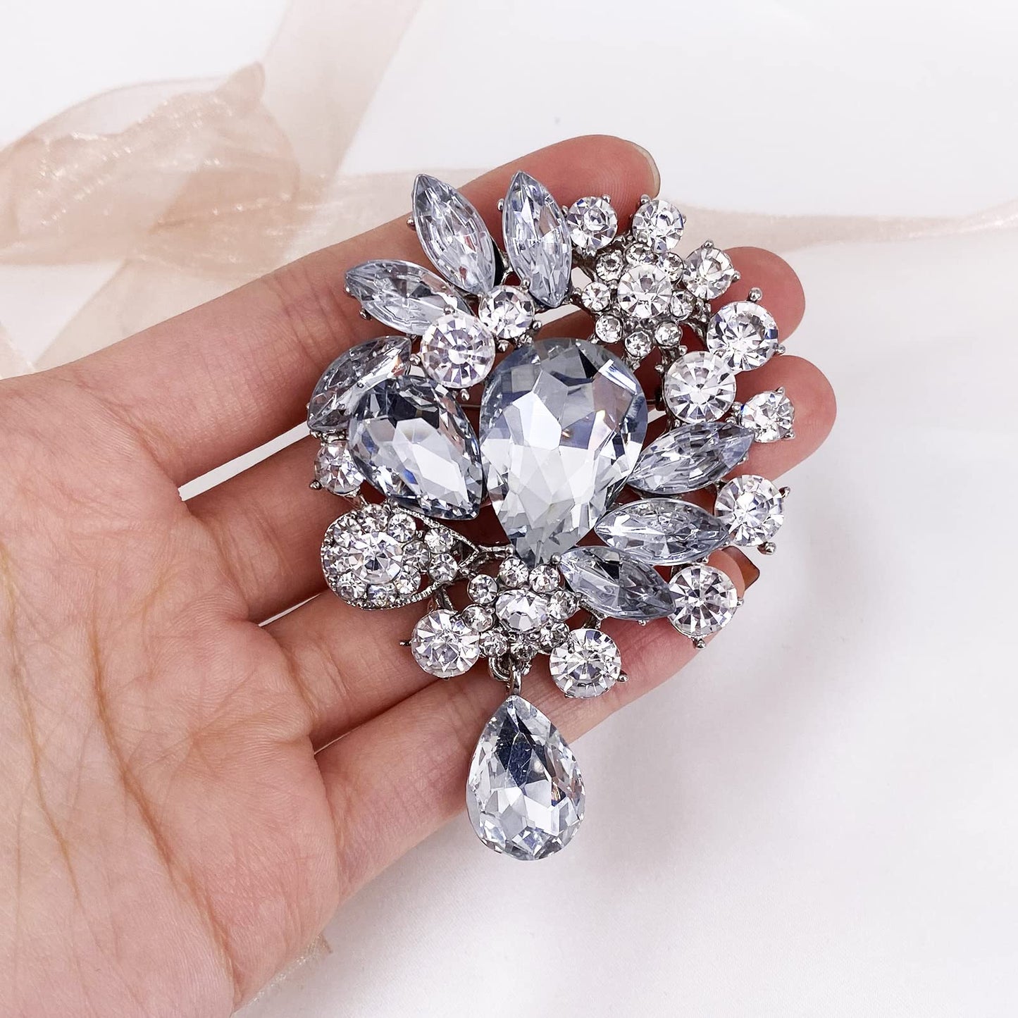 LAXPICOL Wedding Bridal Big Clear Crystal Rhinestone Bouquet Teardrop Brooch Pin for Women Silver Tone