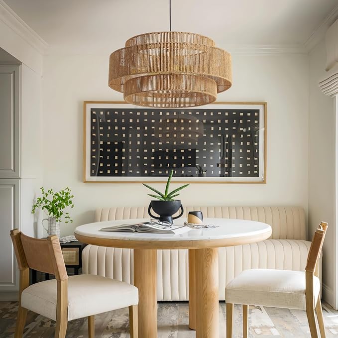 3-Tier Large Rattan Chandeliers, 23.6in Boho Coastal Pendant Lights, Hand Woven Hemp Rope Lighting Fixture, Wicker Hanging Ceiling Light for Living Room, Dining Room, Bedroom, Kitchen Island