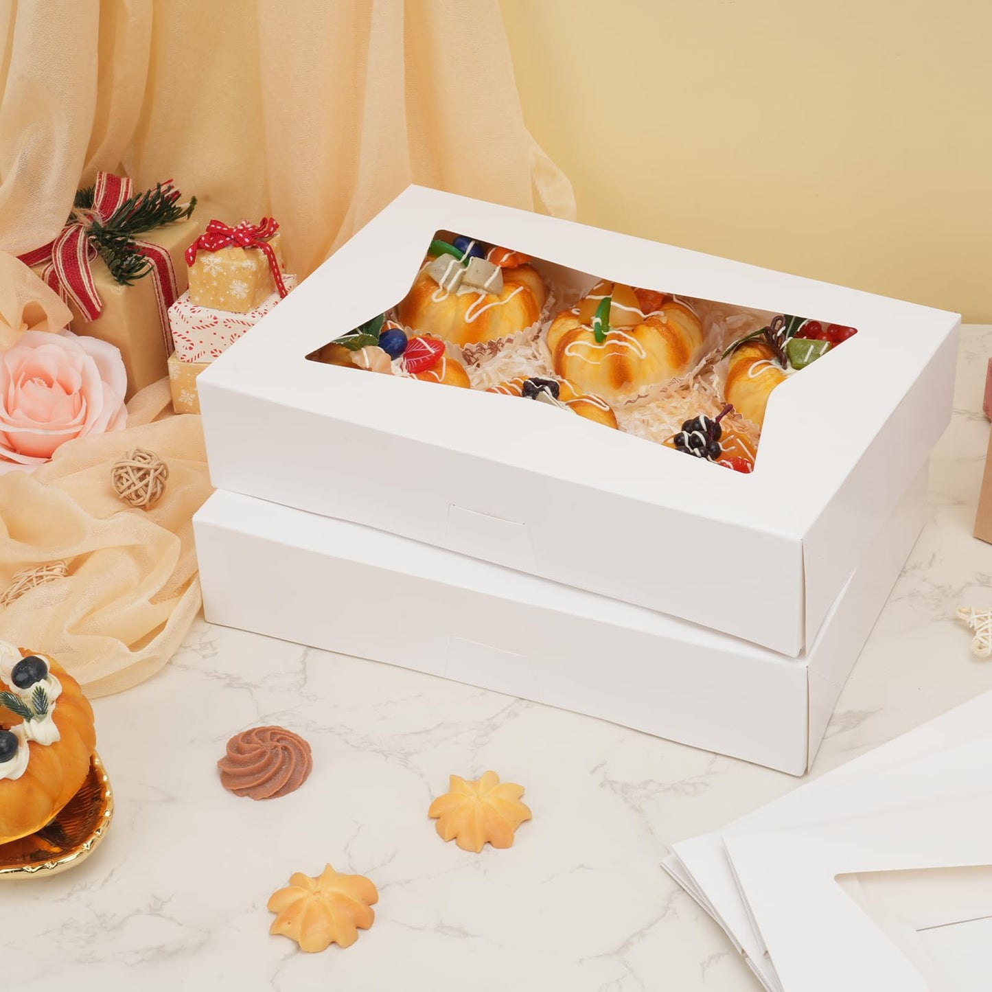 Moretoes 30pcs Auto-Popup Cookie Boxes, 12x8x2.5 Inches Bakery Boxes with 3 Style Windows for Chocolate Covered Strawberries, Donuts, Pastries,Cake Pops