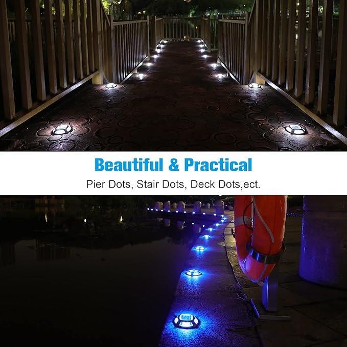 VOLISUN Solar Driveway Lights Dock Marine Lights 16 Pack,2 Colors in 1,Outdoor LED Deck Light,Solar Powered Waterproof Warning Step Light for Driveway Sidewalk Pathway (Blue/White),Saltwater Resistant