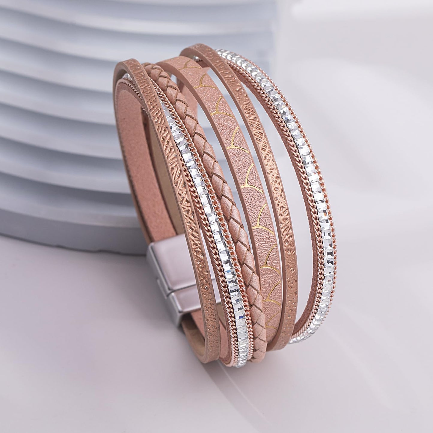 FANCY SHINY Boho Leather Wrap Bracelets Trendy Layered Bracelets with Magnetic Clasp Strackable Bohemian Cuff Jewelry Gifts for Women(Rosy Metallic)
