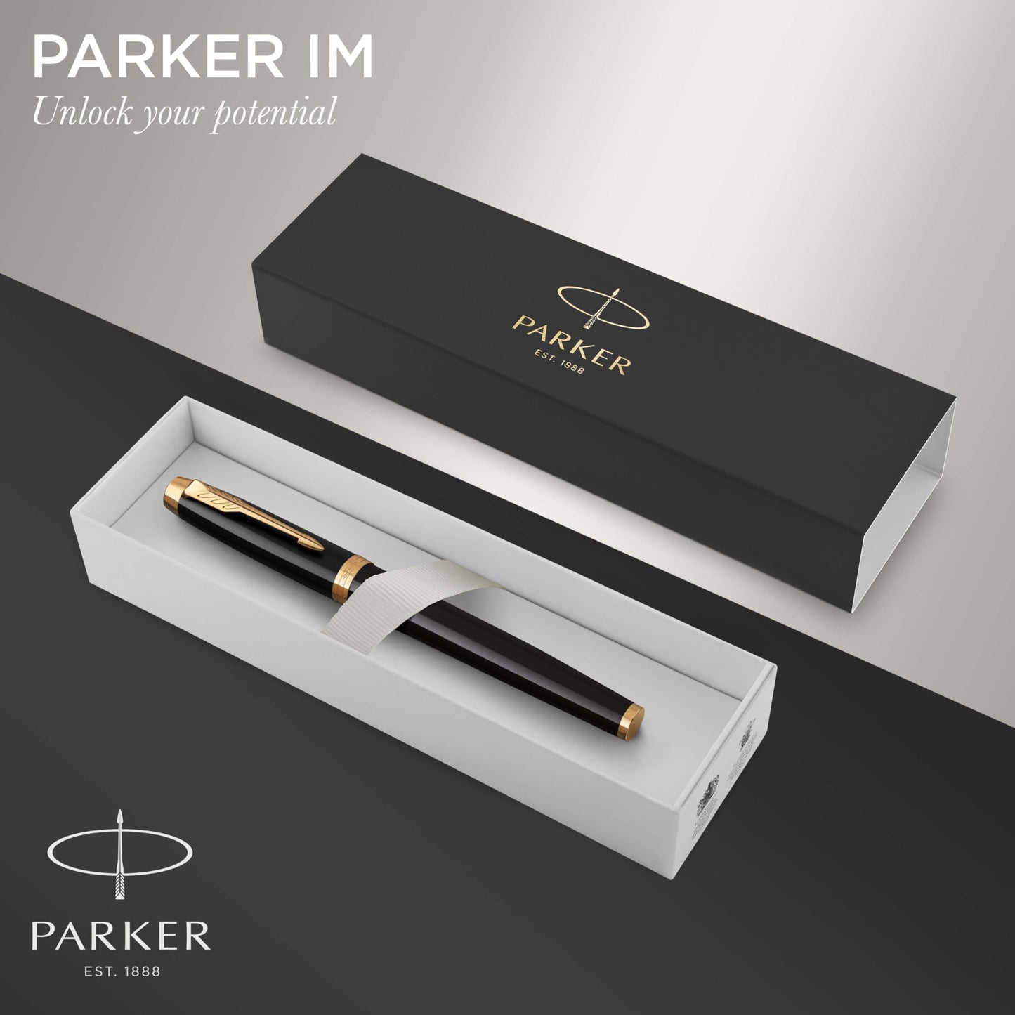 Parker IM Fountain Pen, Black Lacquer with Gold Trim, Fine Nib, Blue Ink Refill, Elegant Gift Box