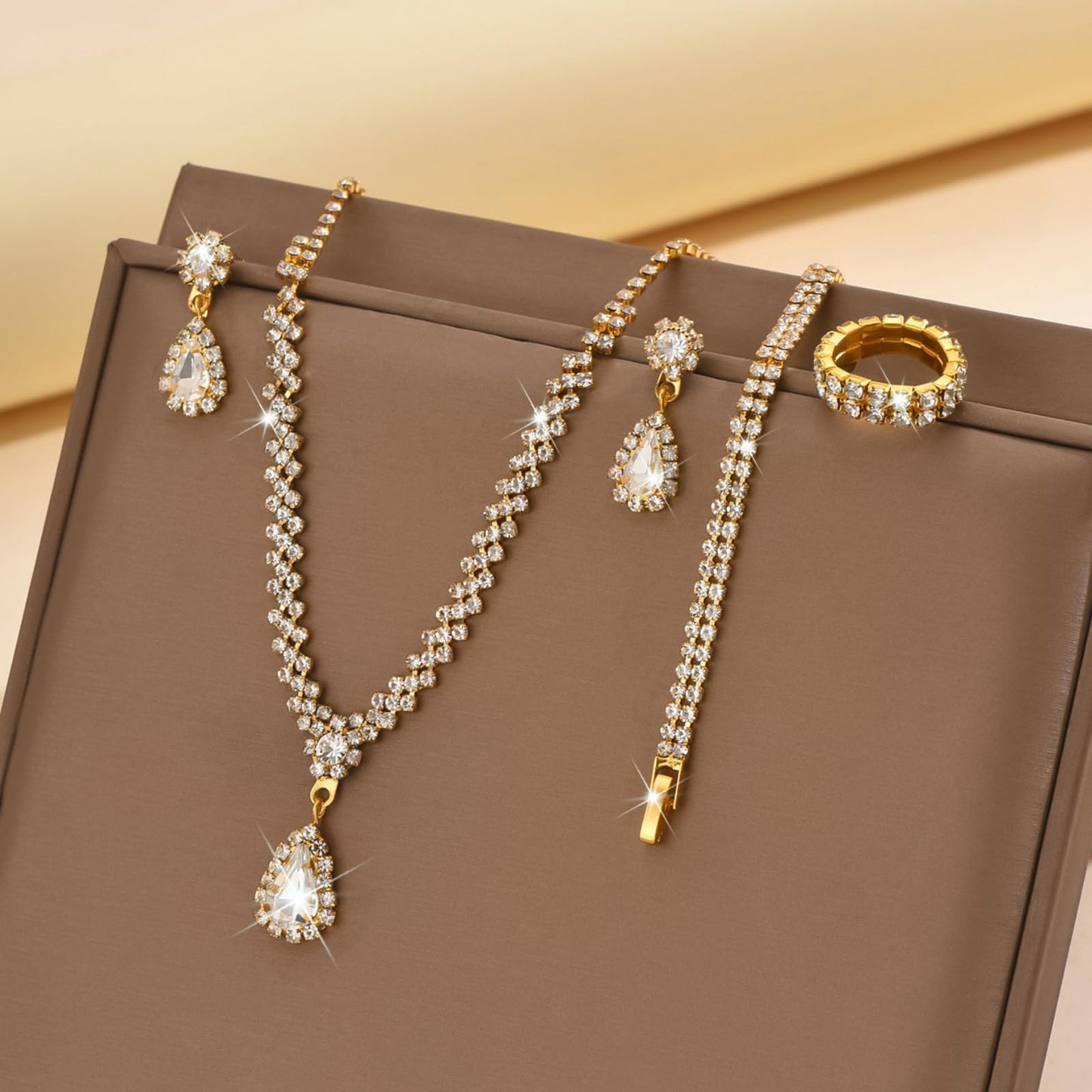 IS4U Rhinestone Water Drop Set for Women Bridal Wedding Vintage Colourful Crystal Zircon Statement Necklace Ring Earrings Bracelet Set Party Dress Ball Fashion Jewellery (Gold)