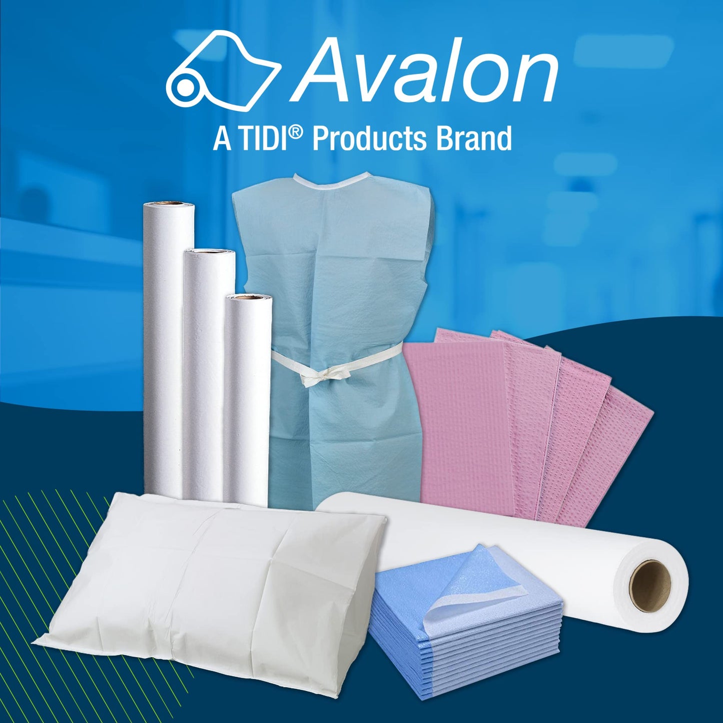 Avalon 813 Patient Gowns, Blue (Pack of 50) ― Tissue/Poly/Tissue ― Open-Back, Waist-Tie, Short-Sleeve Medical Gowns ― Disposable Exam Gowns ― Standard Size 30” x 42” ― Latex-Free Medical Supplies