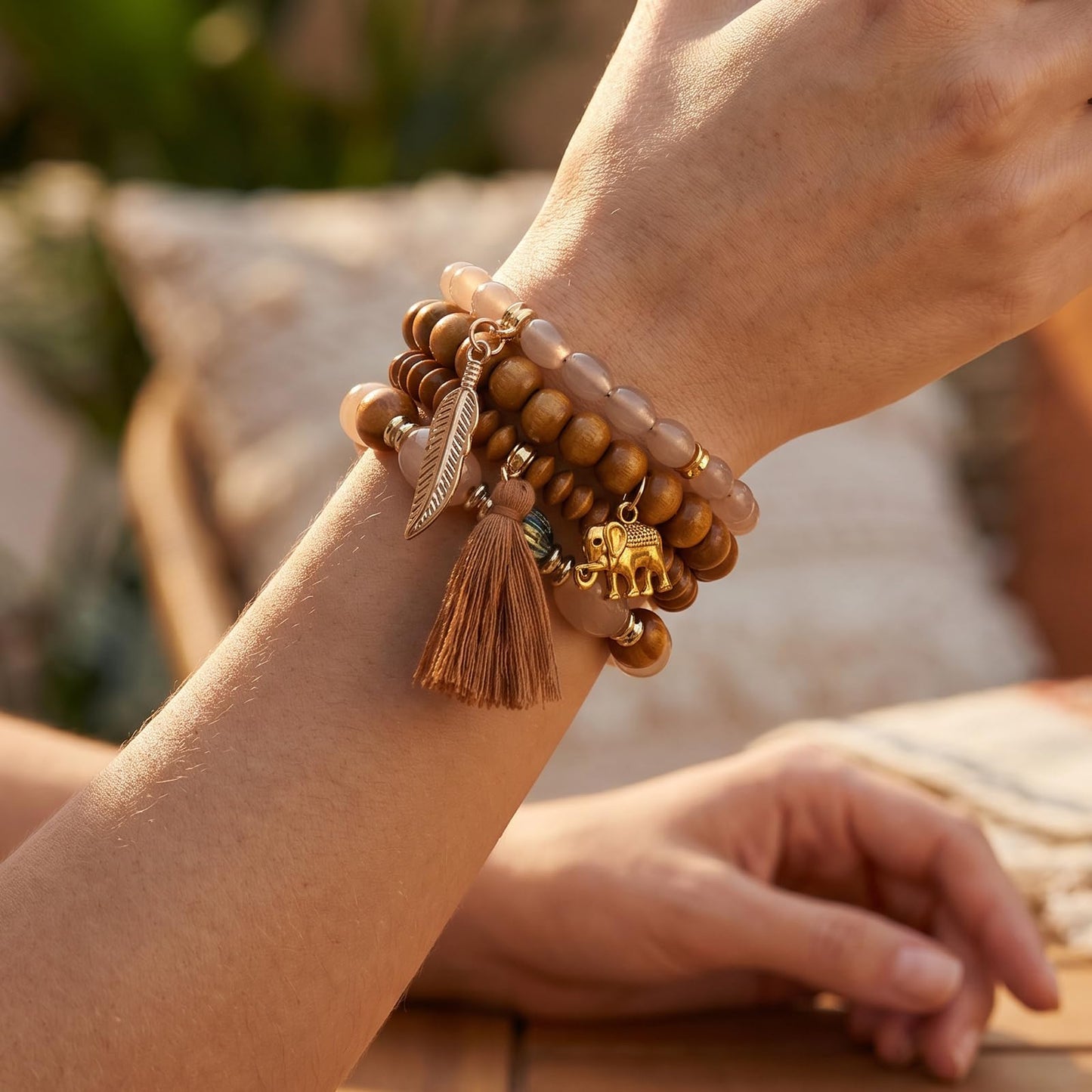 Briutn Bohemian Stackable Bracelets Boho Wood Beaded Tassel Charm Bracelet for Women Jewelry