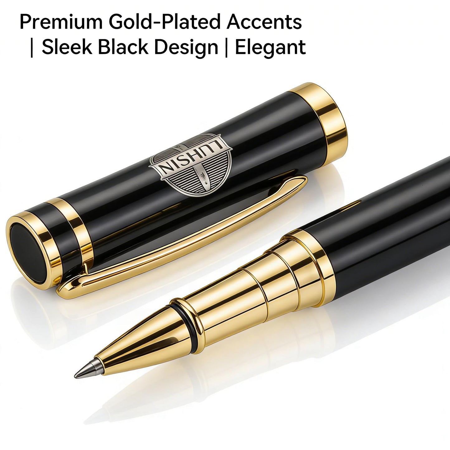 LUHSIN Rollerball Pen Black Lacquer - Premium Luxury Writing Pens for Men Women, Retro Ballpoint Pen with Smooth Ink, Executive Business Signature Pen, Professional Office Gift Pen Set (Black)