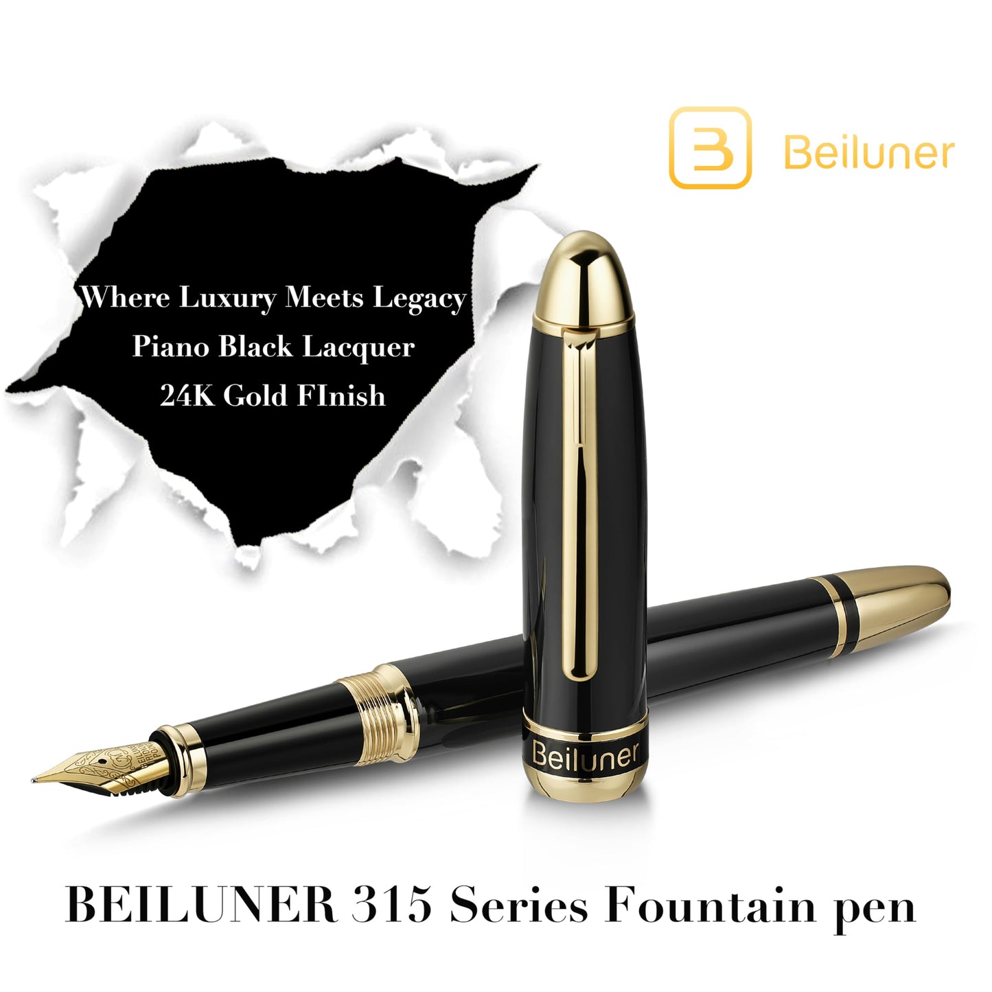 BEILUNER 315 Black Fountain Pen,Stunning Luxury Pens with 24K Gold Accents, Gorgeous 24K Gilded Nib(Medium), Ink Converter,Fancy Pen Gift for Men&Women-Elegant, Office, Reliable, Nice Design