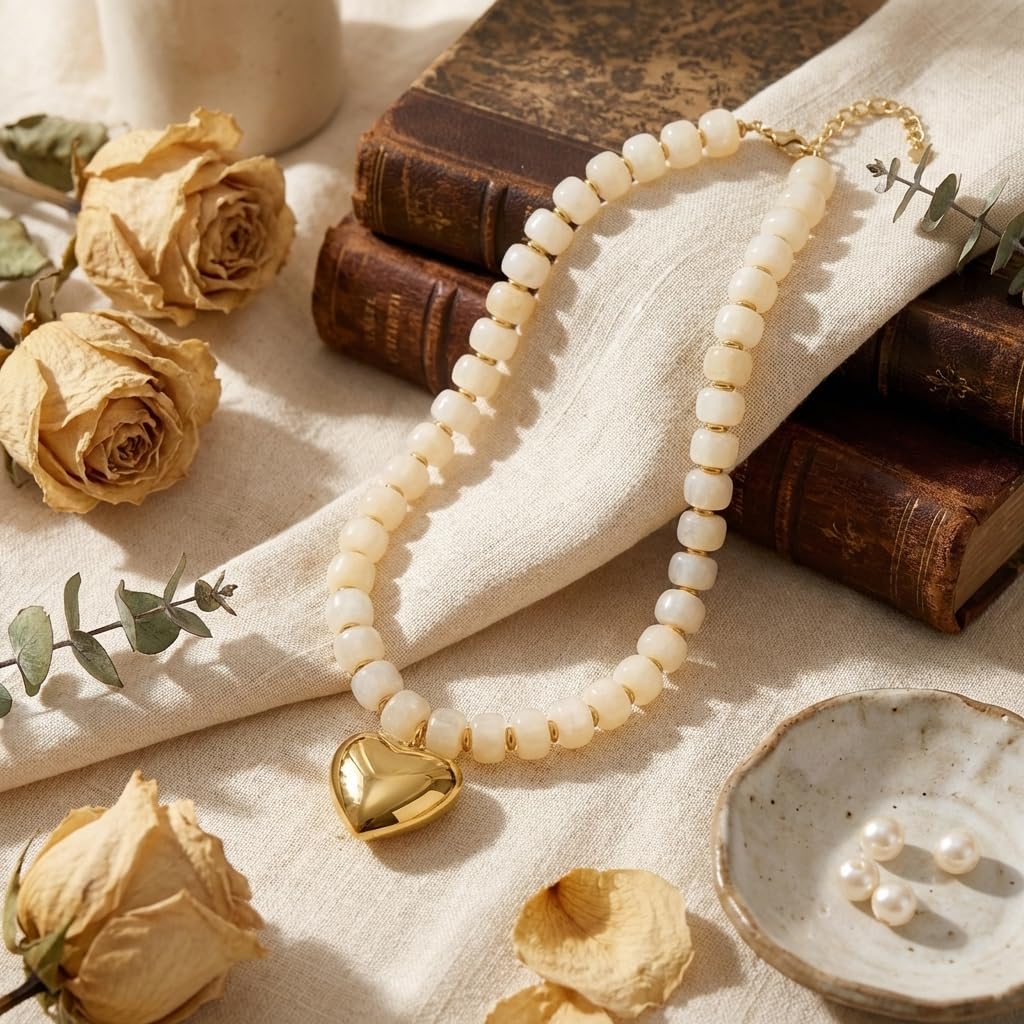 Frigotine Cream White Chunky Heart Necklace for Women, Elegant Resin Beaded Choker with Gold Puffy Heart, Adjustable Vintage Boho Statement Jewelry Gift