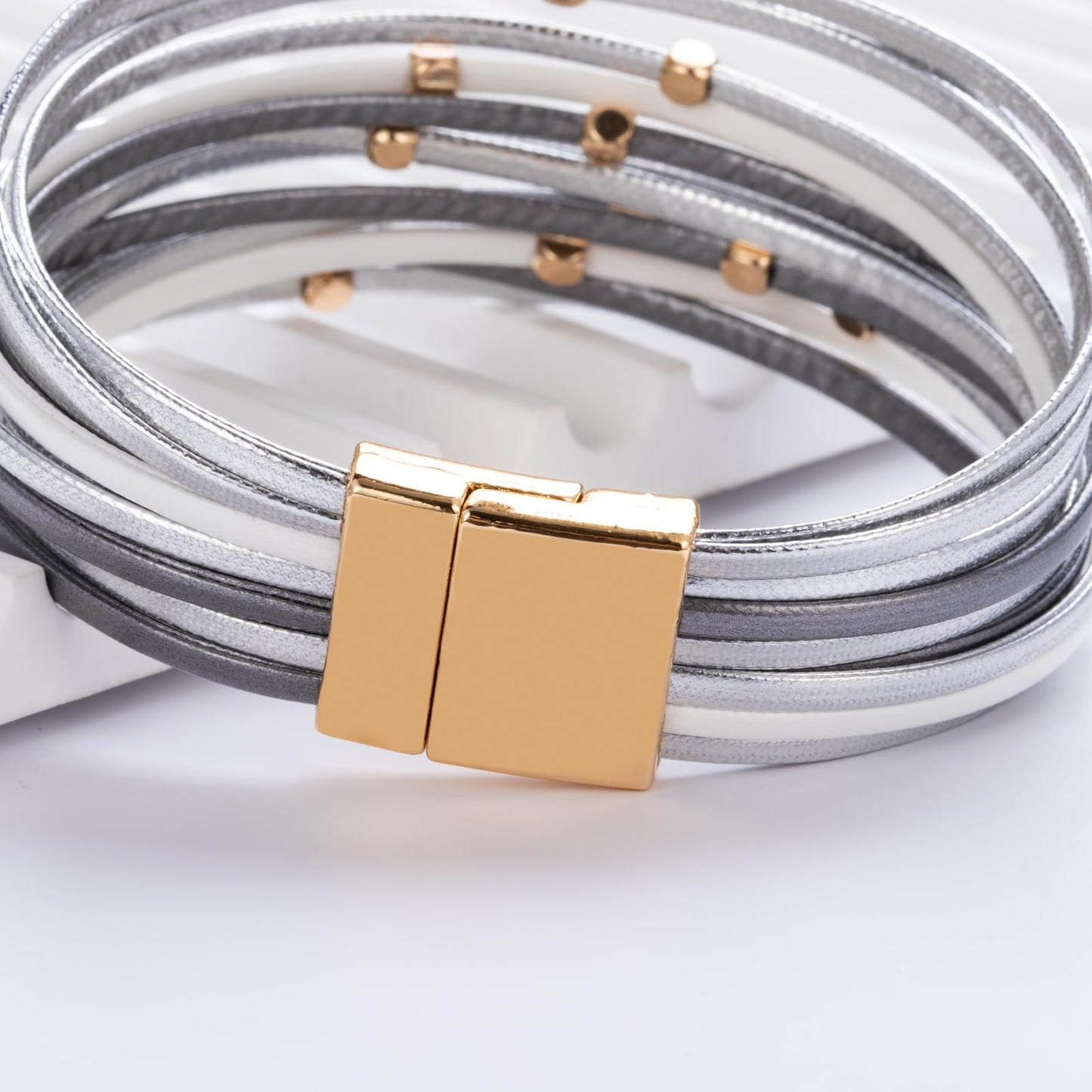 FANCY SHINY Beaded Leather Wrap Bracelets Cute Boho Stackable Bangle Cuff with Magnetic Clasp Layered Trendy Jewelry for Women(Metallic Gray)