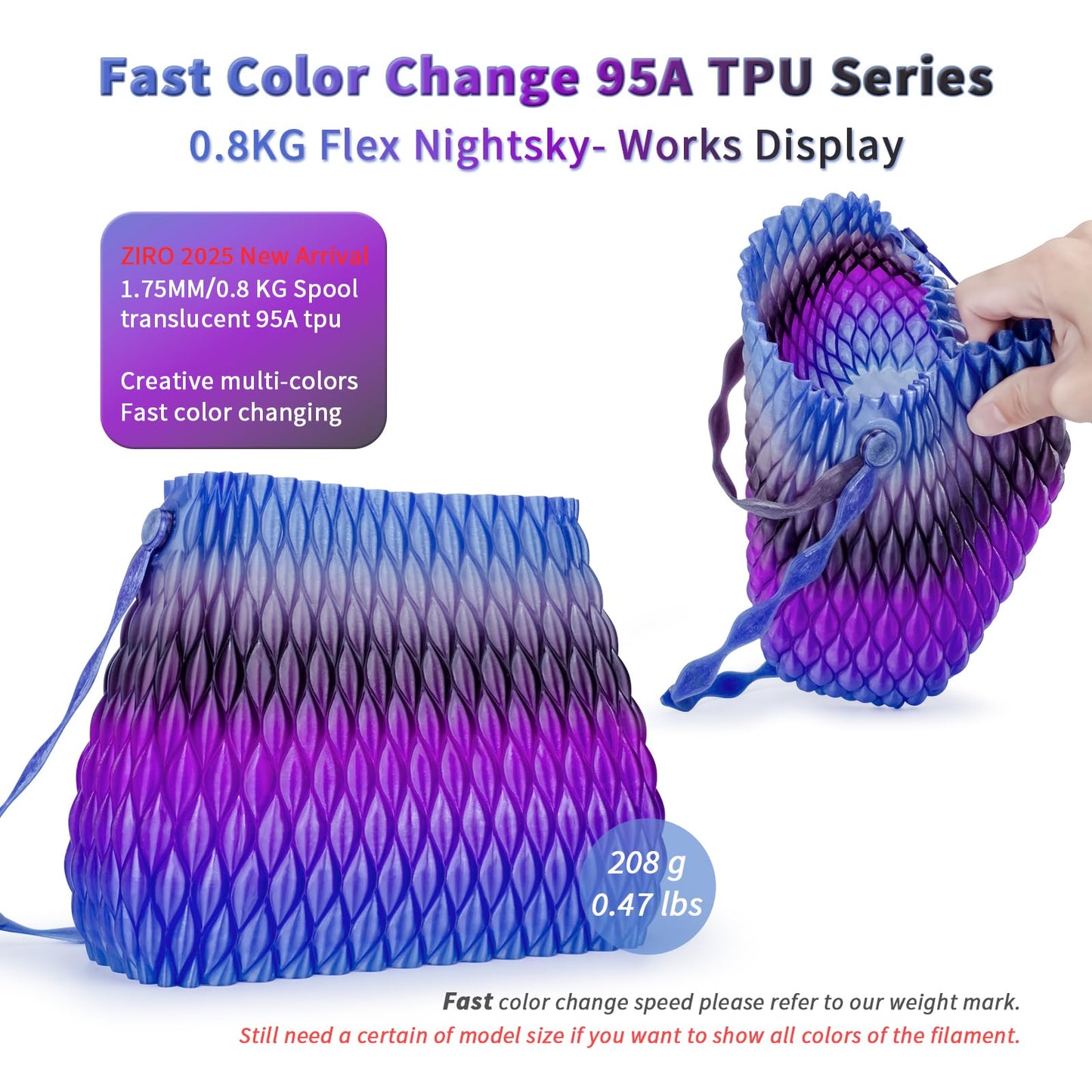 ZIRO TPU Filament 1.75mm, Shore 95A Hardness TPU, Flexible Fast Color Change Filament, Compatible with Most FDM Printers, Colorful and Soft 3D Printing Material, 0.8KG/ 1.76lbs Spool, Flex Nightsky