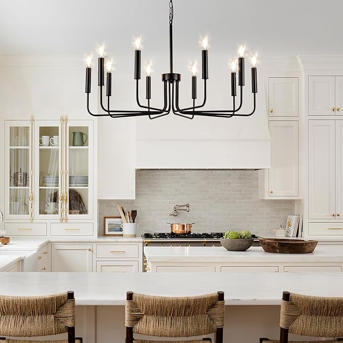 Farmhouse Candle Chandelier, 10 Light Rustic Black Ceiling Pendant Light Fixture, L-Arm Design Industrial Dining Room Hanging Lighting for Living Room, Entryway, Foyer, Kitchen Island