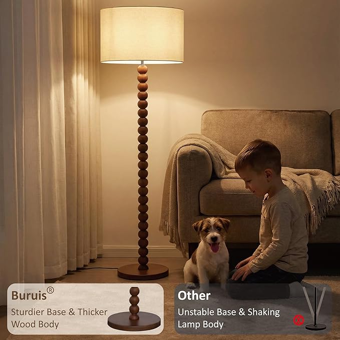 Buruis 61" Beaded Wood Floor Lamp with 17.2" Large Linen Shade, UL Listed, Retro Mid-Century Accent Walnut Finish Standing Lamp for Living Room, Bedroom, Office, Corner, Beige