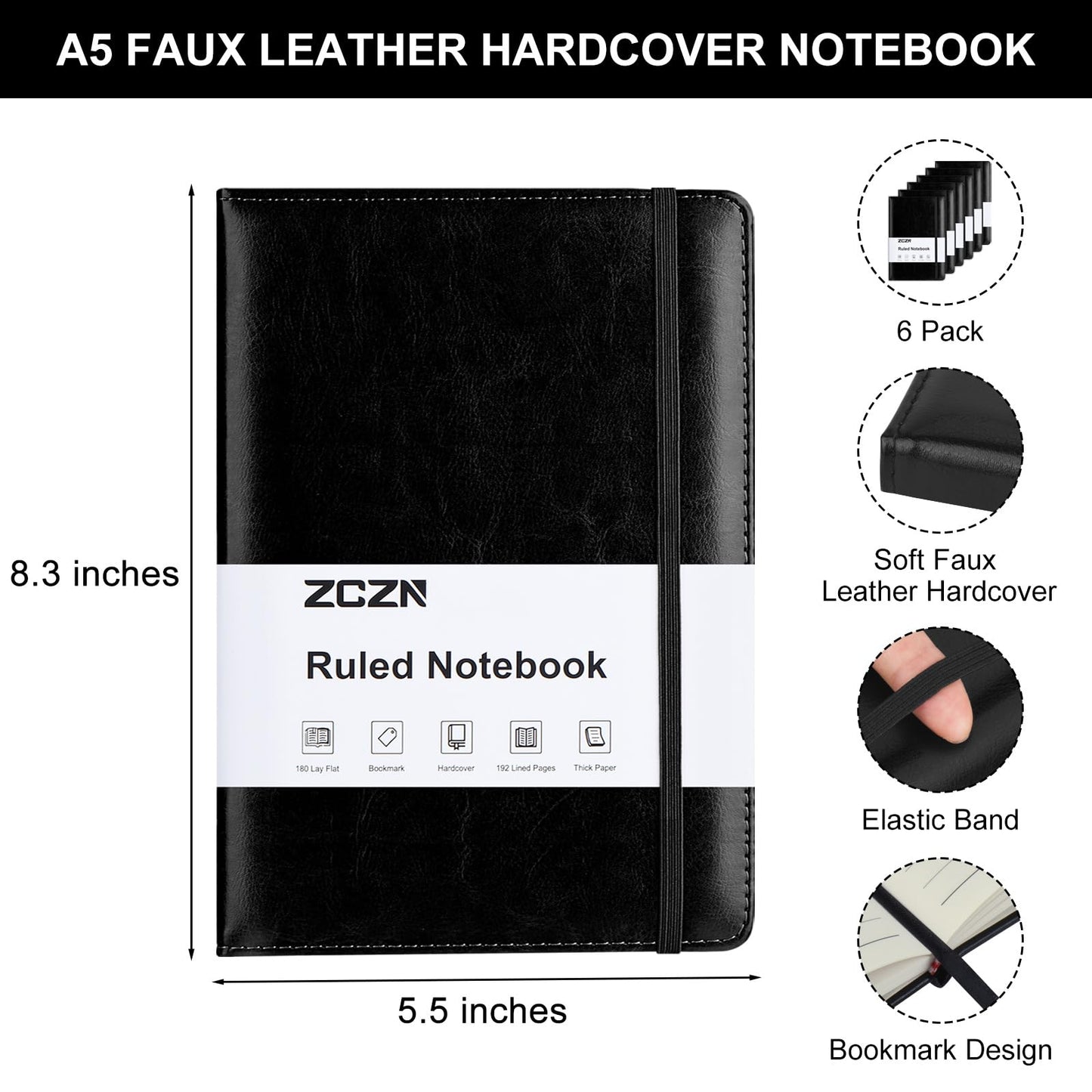 ZCZN Lined Journal Notebooks for Work, 5.5x8.3 in, 192 Pages, Hardcover Leather A5 Journals for Writing, Diary & Travel, College Ruled Journaling Notebooks for School, Office, Home (Black*6)