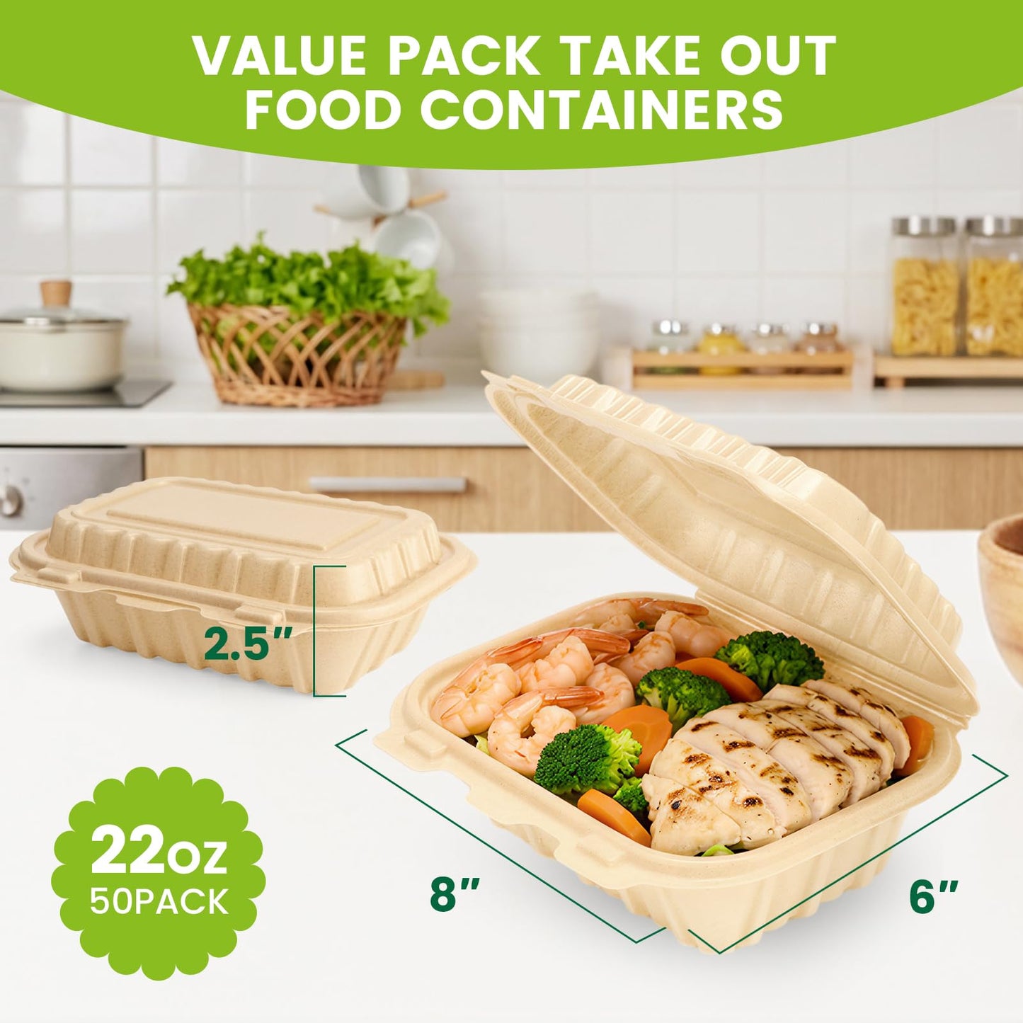 Clamshell Take Out Food Containers, 50 Pack-22oz Disposable Meal Prep Containers Natural Rice Husk Material Durable To Go Containers for Pasta Salad Snacks Taco Chinese Food Restaurants 8"X6"X2.5"