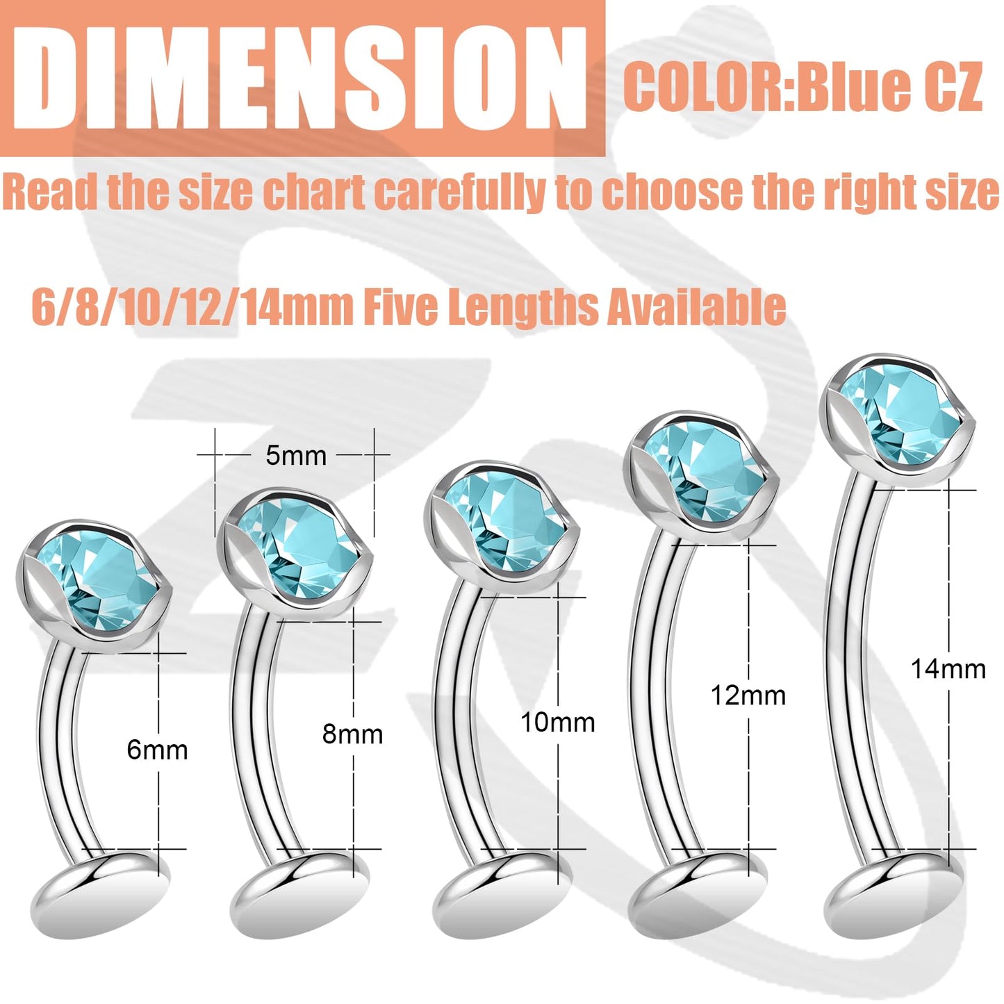ZS ASTM F136 Titanium Belly Button Ring, 14G Cubic Zirconia Navel Jewelry, 6/8/10/12/14MM Internally Threaded Long Bar Navel Barbell Stud Flat Back Belly Piercing (Blue,L:6mm)