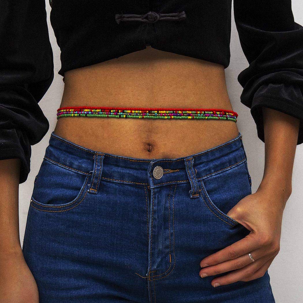 ELABEST Plus Size African Waist Beads Chain Layered Belly Body Chain Beach 7Pack Waist Jewelry Body Accessories for Women and Girls (27inch/70cm)