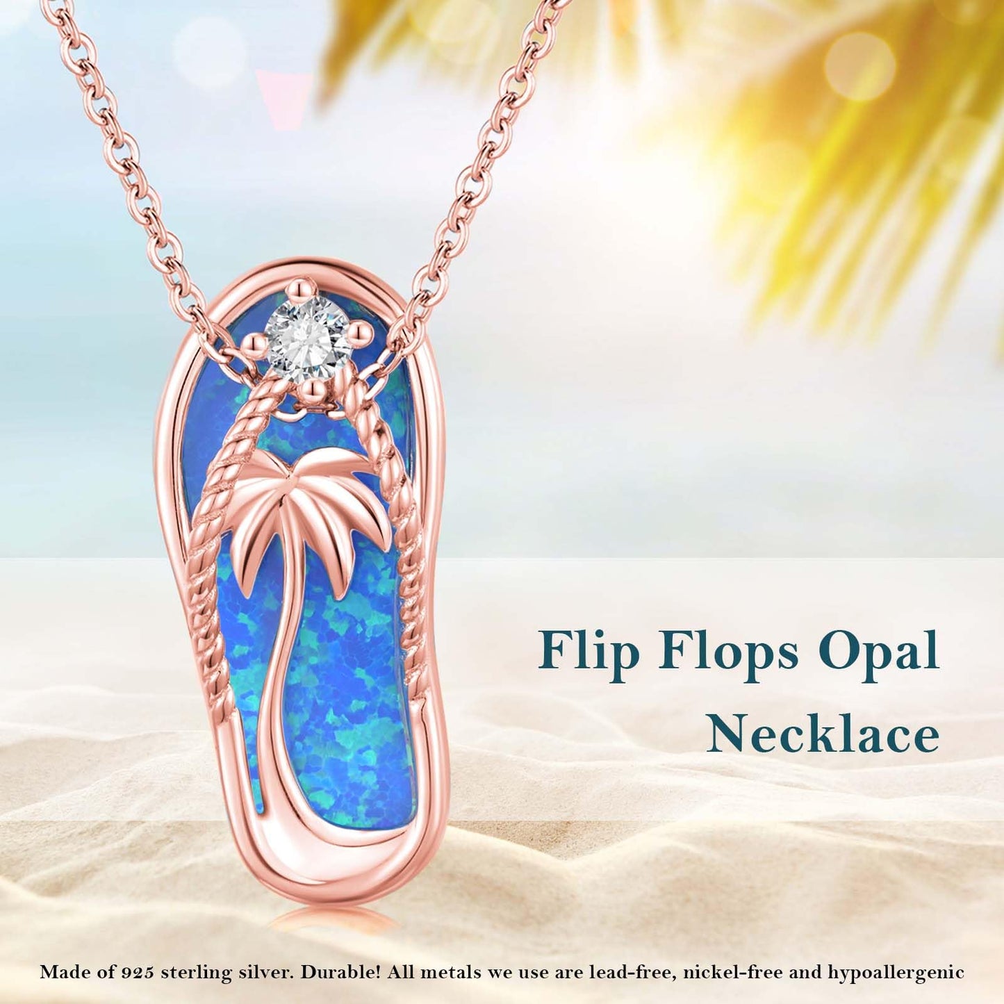 Midir&Etain Flip Flop Necklace 925 Sterling Silver Rose Gold Plated Palm Tree Pendant Beach Blue Opal Necklace Flip-Flop Opal Jewelry for Women Prime