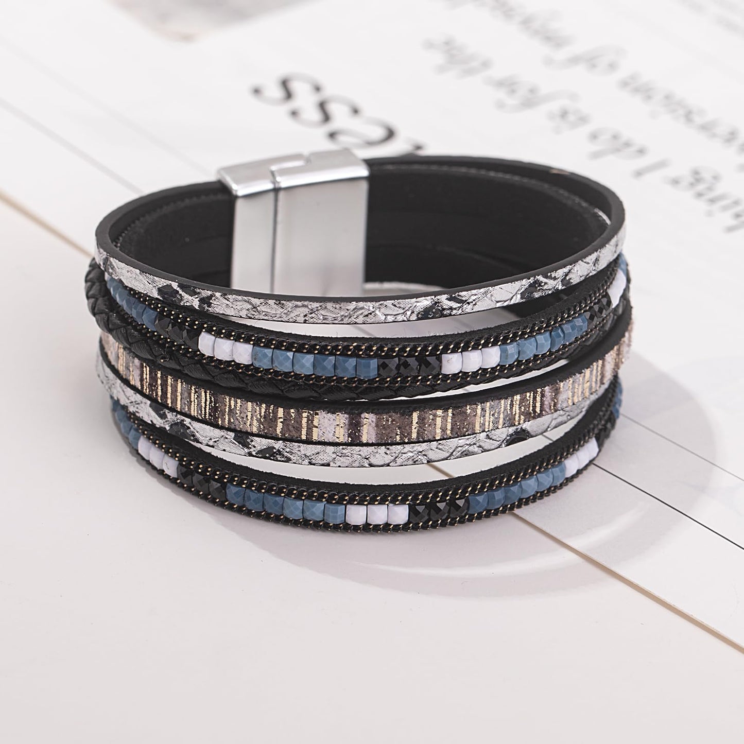 FANCY SHINY Boho Leather Wrap Bracelets Trendy Layered Bracelets with Magnetic Clasp Strackable Bohemian Cuff Jewelry Gifts for Women(Black)