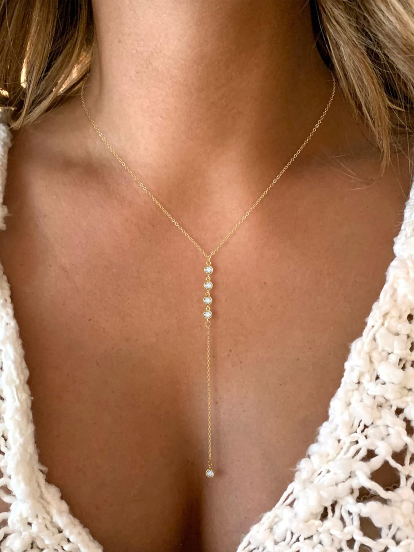 Longita Gold Body Chain Necklace Drop Y Lariat Gold Long Necklace for Women Sexy Trendy Dainty Y-Shaped Dangle Body Jewelry Rhinestone Formal Prom Accessories