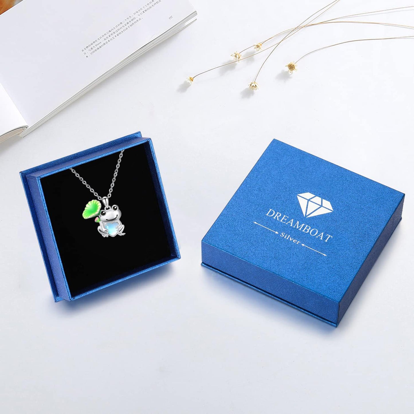 Dreamboat Frog Pendant Necklace for Women 925 Sterling Silver Moonstone Animal Jewelry Gifts for Frogs Lovers
