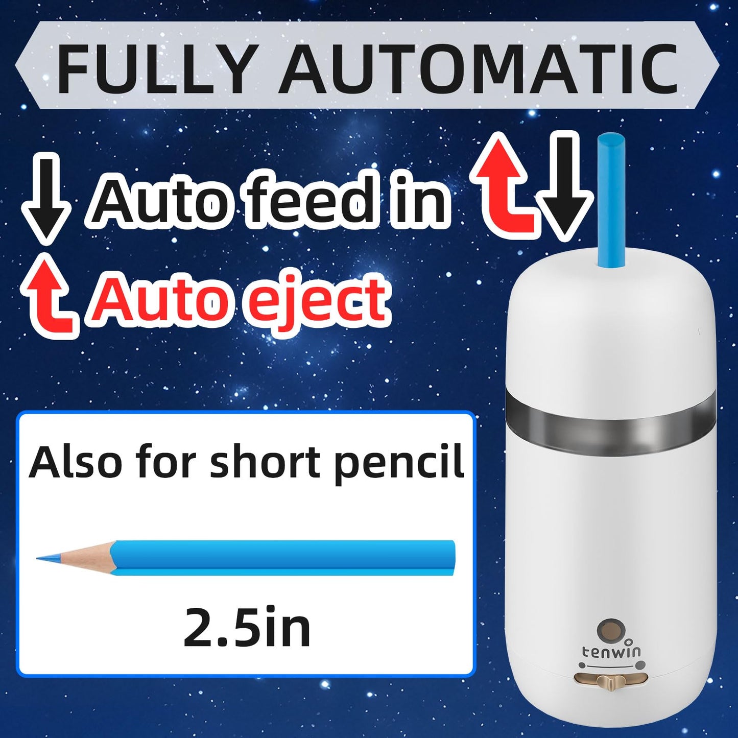 tenwin Fully Automatic Electric Pencil Sharpener for 7-12mm Pencils, Auto in&Eject, 3 Selectable Adjustable Pencil Nibs with Breathing Light (White)