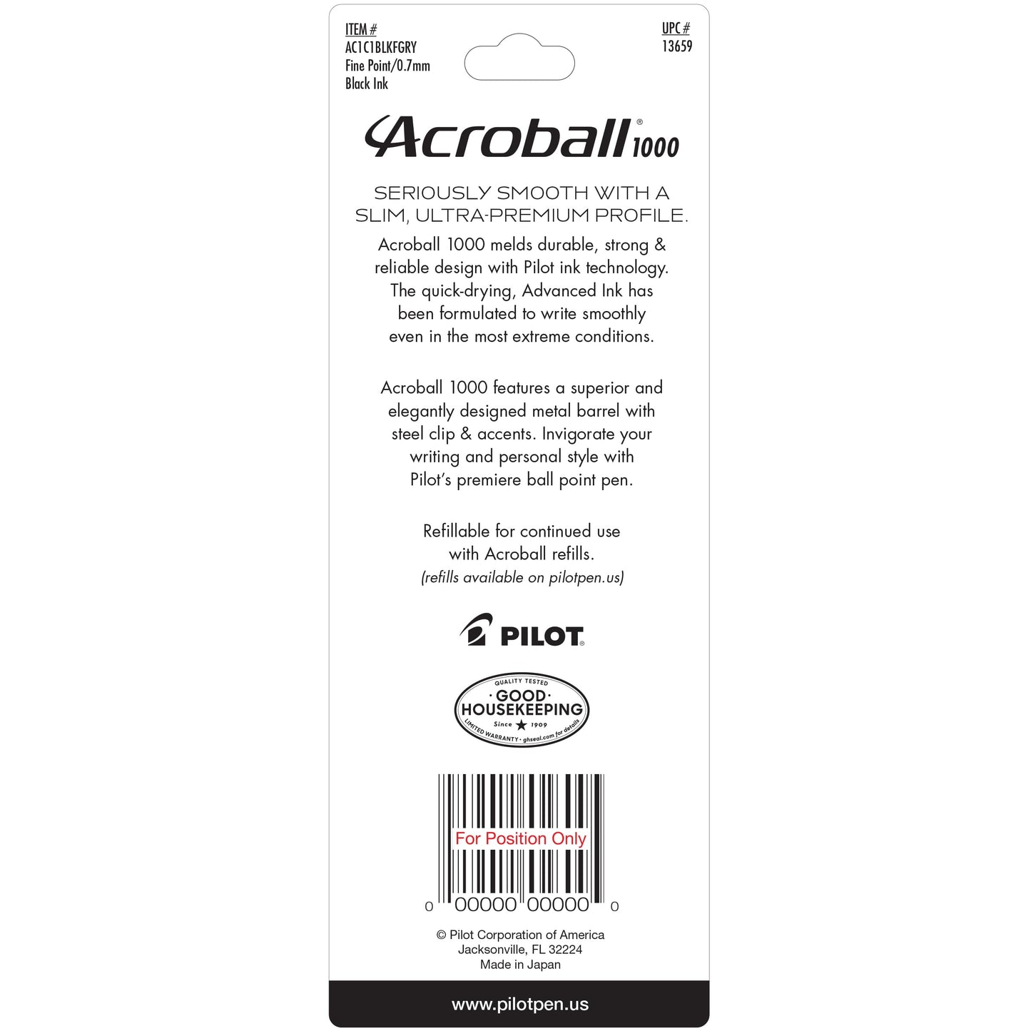 PILOT Acroball 1000 Ultra-Premium Refillable & Retractable Ball Point Pen, Gray Barrel, Fine Point, Black Ink, Single Pen (13659)