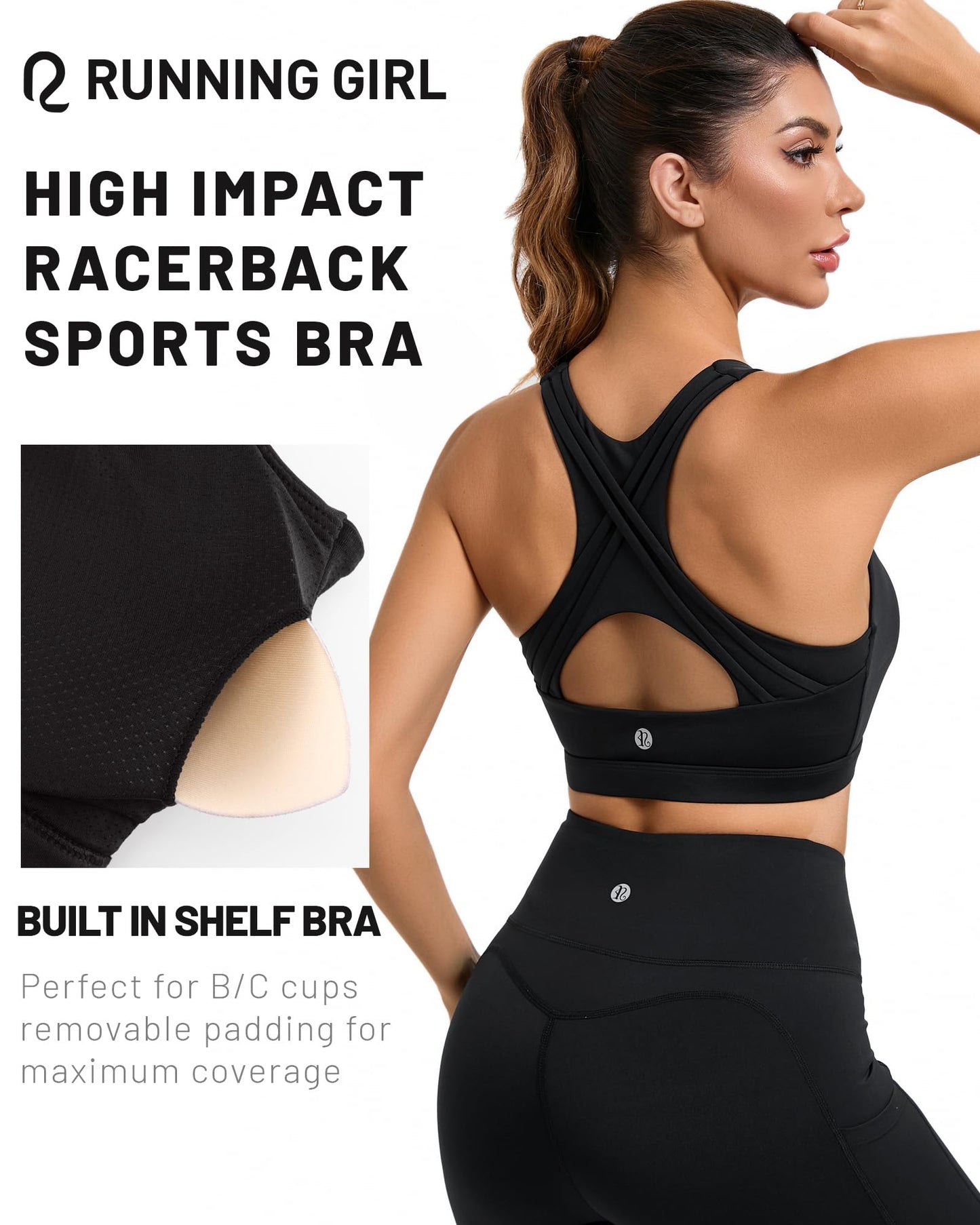 RUNNING GIRL High Impact Sports Bras for Women High Support Women’s Sports Bra Racerback Workout Running Bra(WX3039 Black,M)
