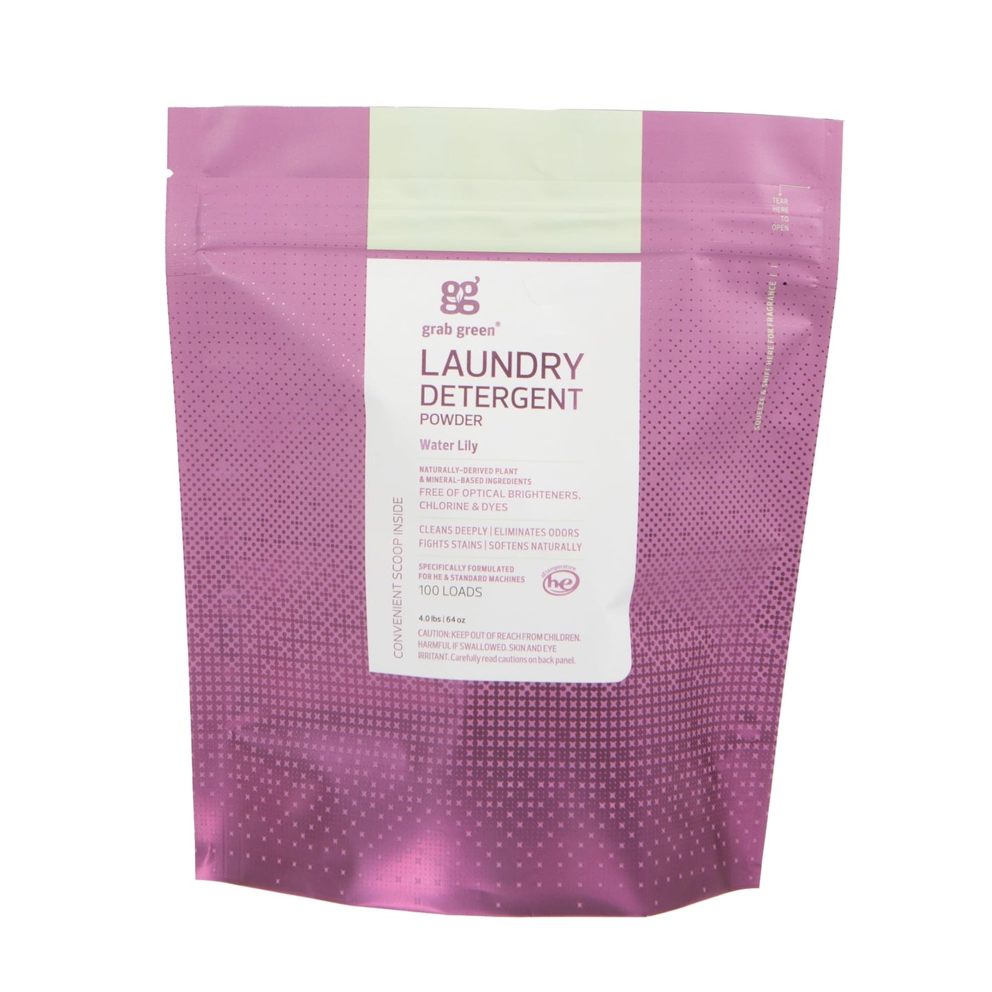 Grab Green 3-in-1 Laundry Detergent Powder, 4lbs -100 Loads, Water Lily Scent, Plant And Mineral Based, Superior Cleaning Power, Stain Remover, Brightens Clothes, Packaging May Vary