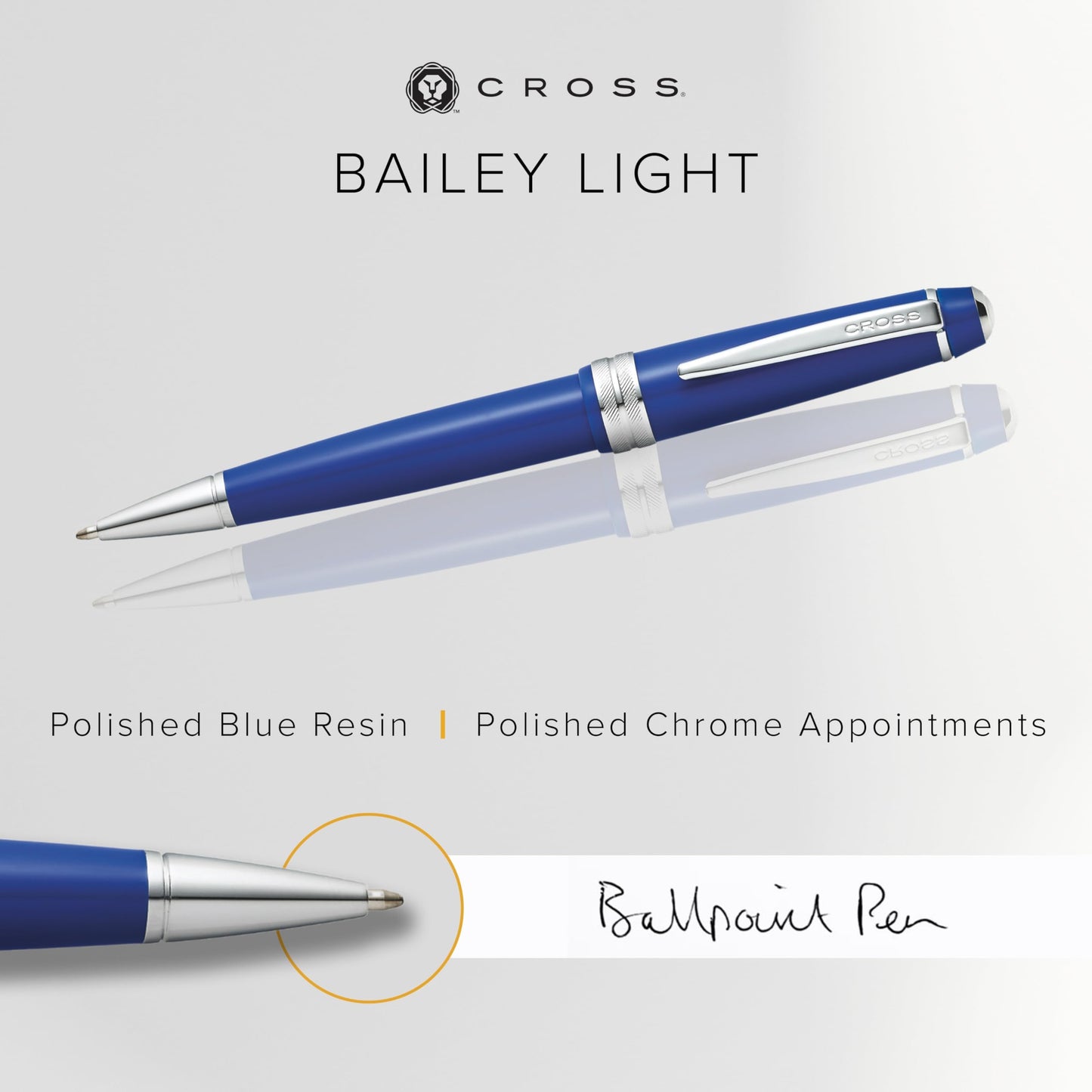 Cross Bailey Light Polished Blue Resin Ballpoint Pen - Professional Pen for Effortless Writing - Journaling, Note-Taking & More - Black Ink - Easy Handling - Includes Gift Box