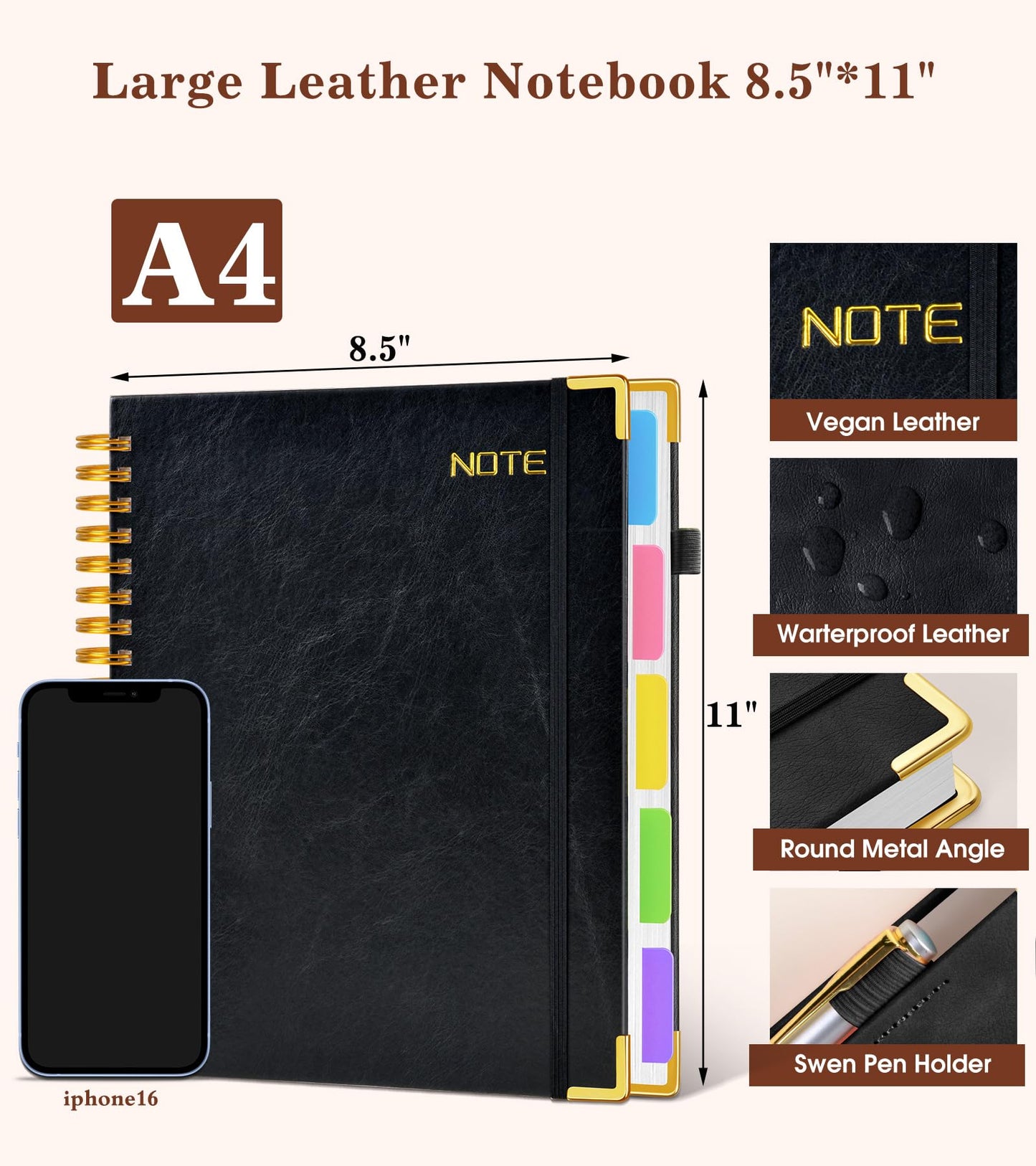 Hardcover Large Spiral Notebook 8.5" x 11" with Removable Dividers Tabs, 300 pages Leather 5 Subject Notebook College Ruled, A4 Journal for Women Men, Notebooks for Work School Note taking,Black