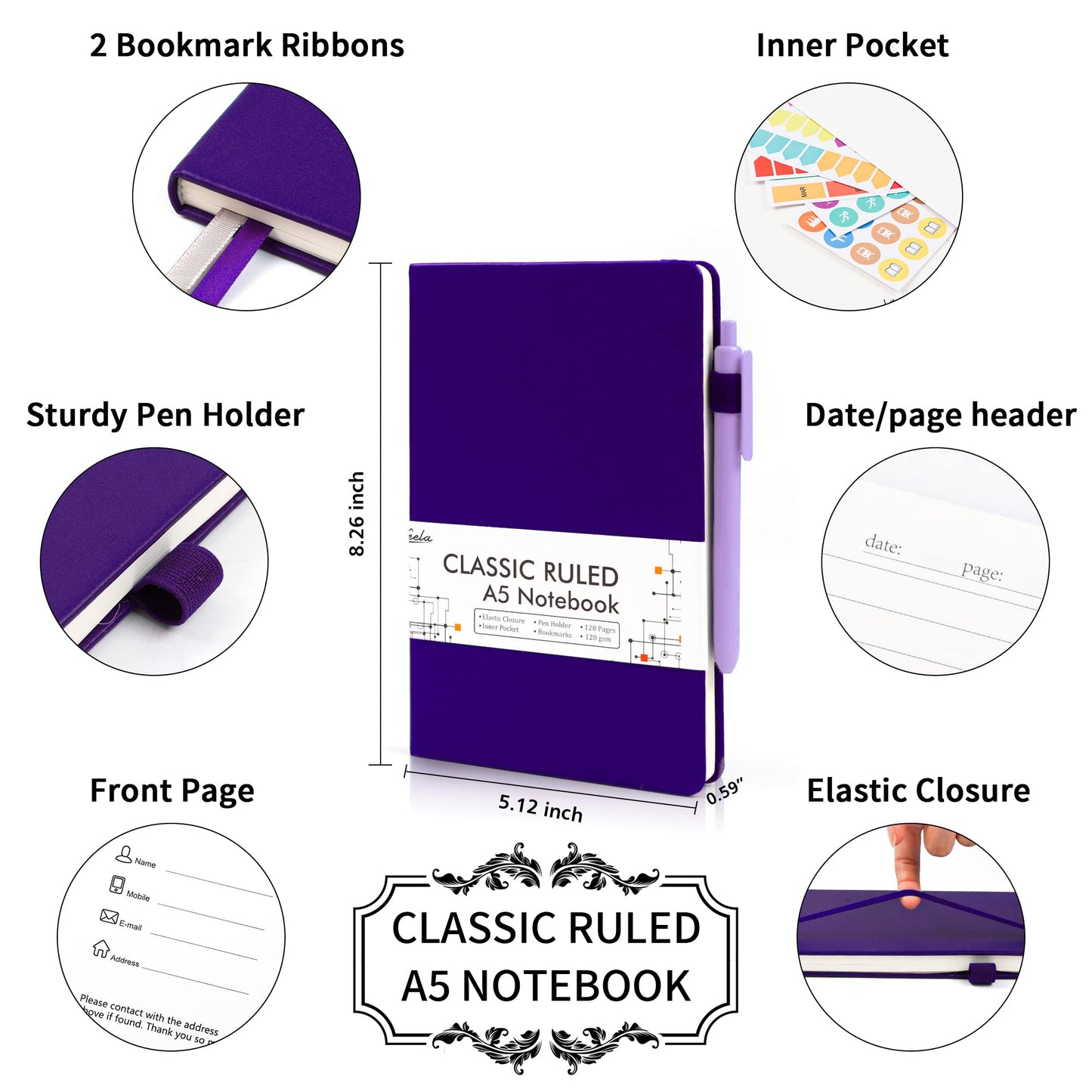 feela 24 Pack Journal Notebook Bulk for Work, Business Notebook Hardcover Lined Writing Journal with Pen Holder for Men Women Note Taking, with 24 Black Pens, 120 GSM, 5.1”x8.3”, A5, Purple