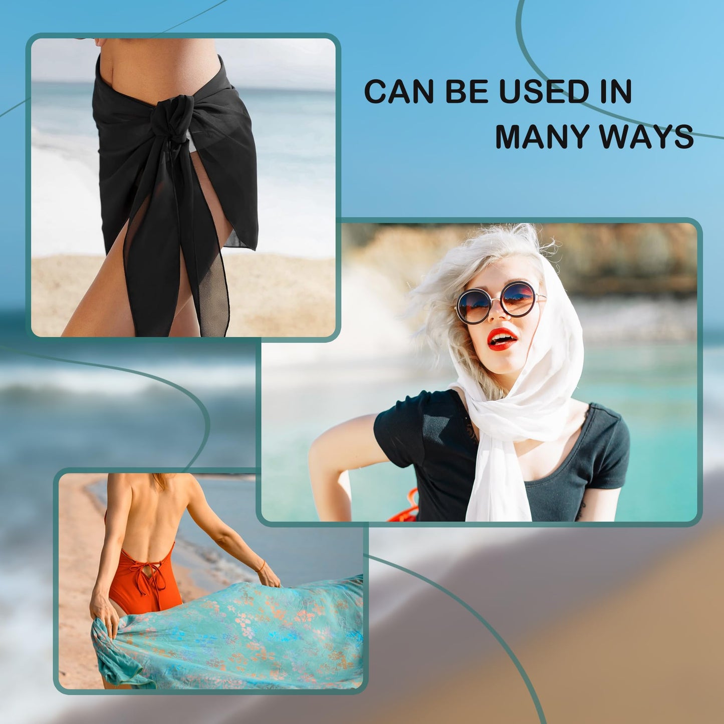 Medsuo Women Beach Sarong Semi-Sheer Chiffon Swimsuit Wrap Skirt Short Sarong Bikini Cover-up for Beachwear Swimwear (Black)