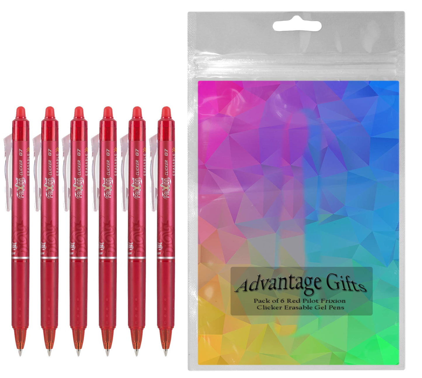 Advantage Gifts Frixion Clicker Retractable Erasable Gel Pens Fine Point (.7mm) Red Ink 6-pk; Bundle with Plastic Reusable Pouch