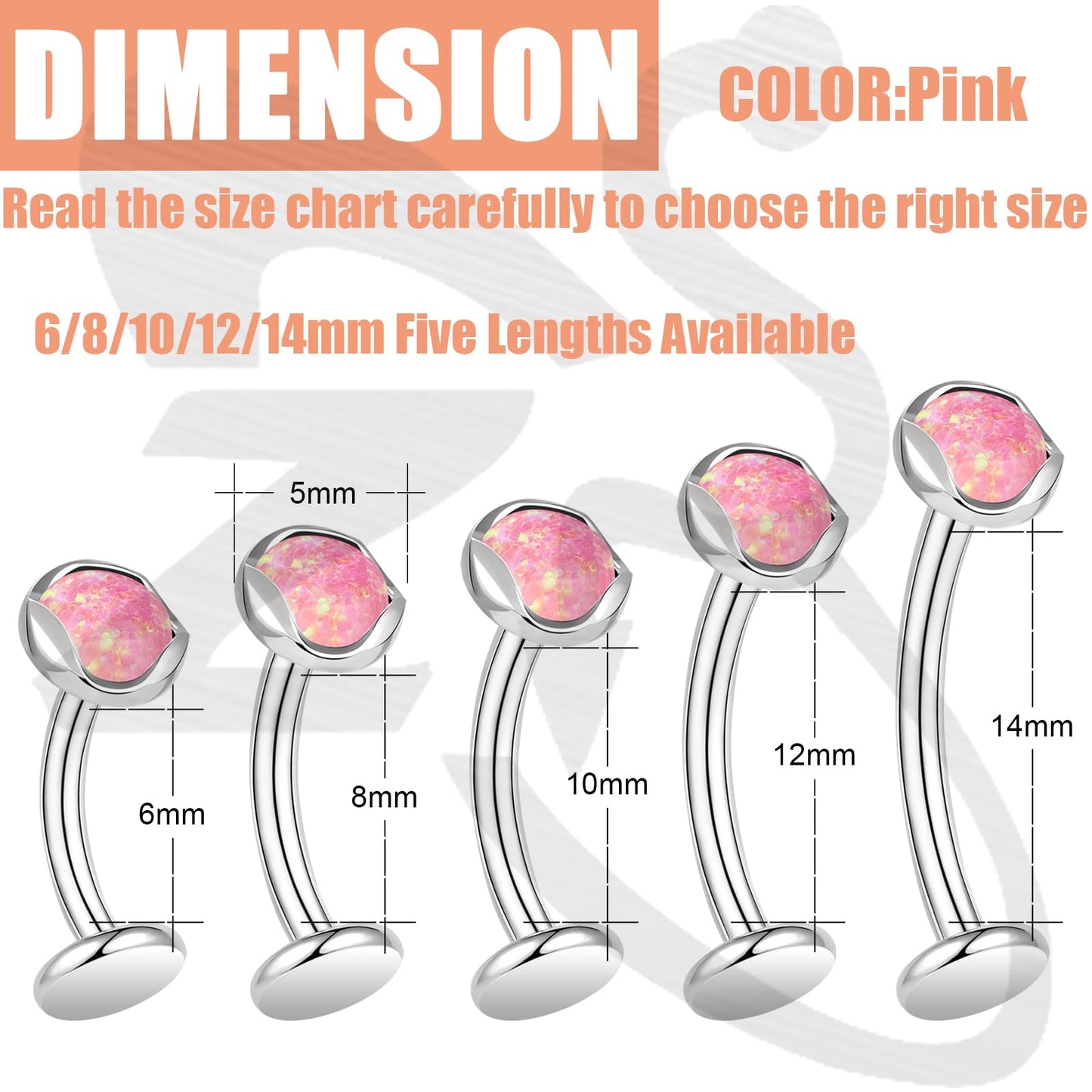 ZS ASTM F136 Titanium Belly Button Ring, 14G Opal Stones Navel Jewelry, 6/8/10/12/14MM Internally Threaded Long Bar Navel Barbell Stud Flat Back Belly Piercing (Pink Opal,L:12mm)