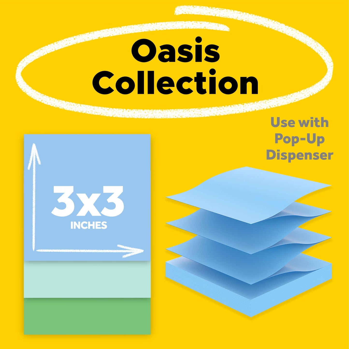 Post-it Super Sticky 100% Recycled Pop-up Notes, Oasis Collection, 3 in. x 3 in., 70 Sheets, 18 Pads, School Supplies and Office Products