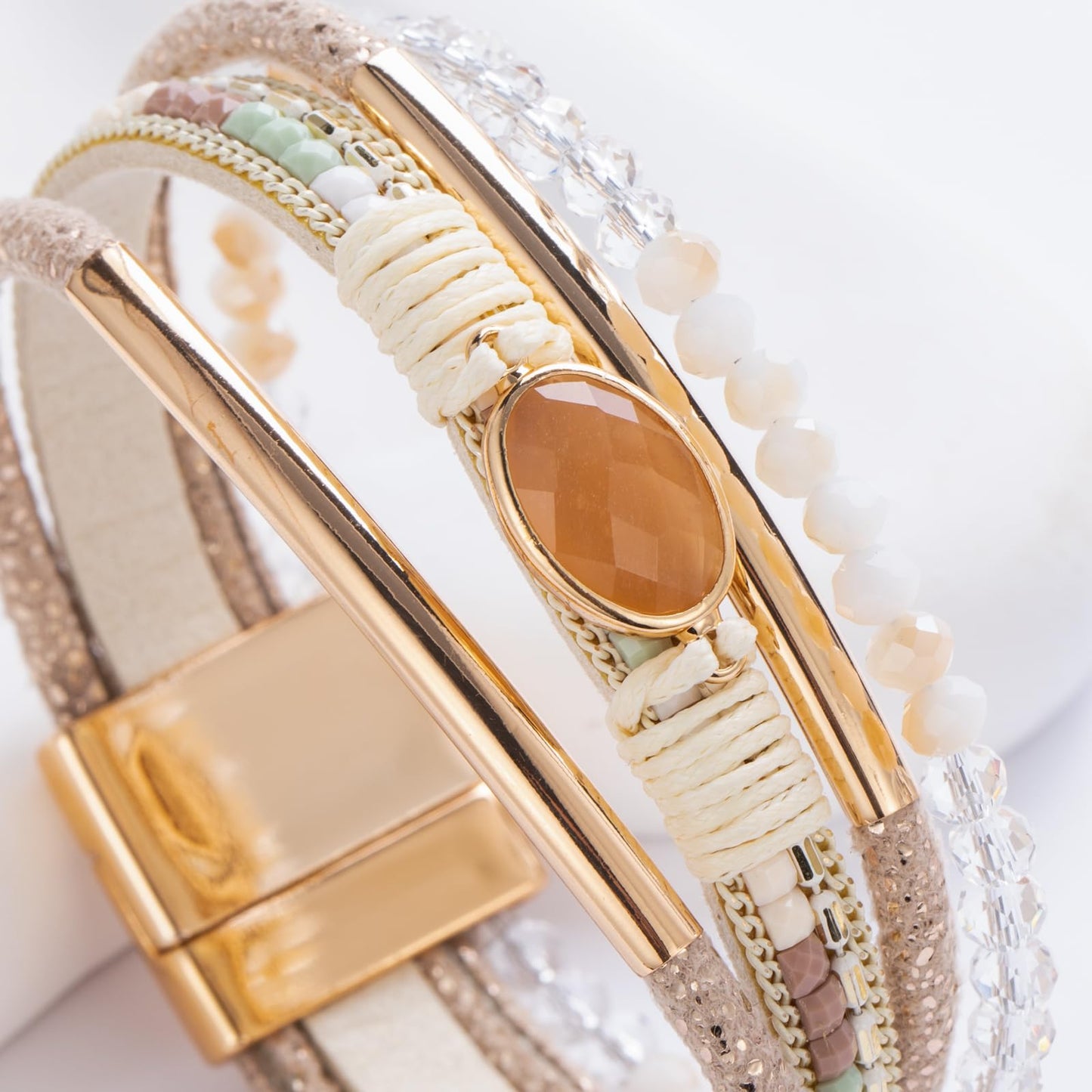 FANCY SHINY Leather Wrap Bracelets Crystal Beads Bracelet Boho Cuff Stone Charm Bracelets with Clasp Costume Jewelry for Women(Beige)