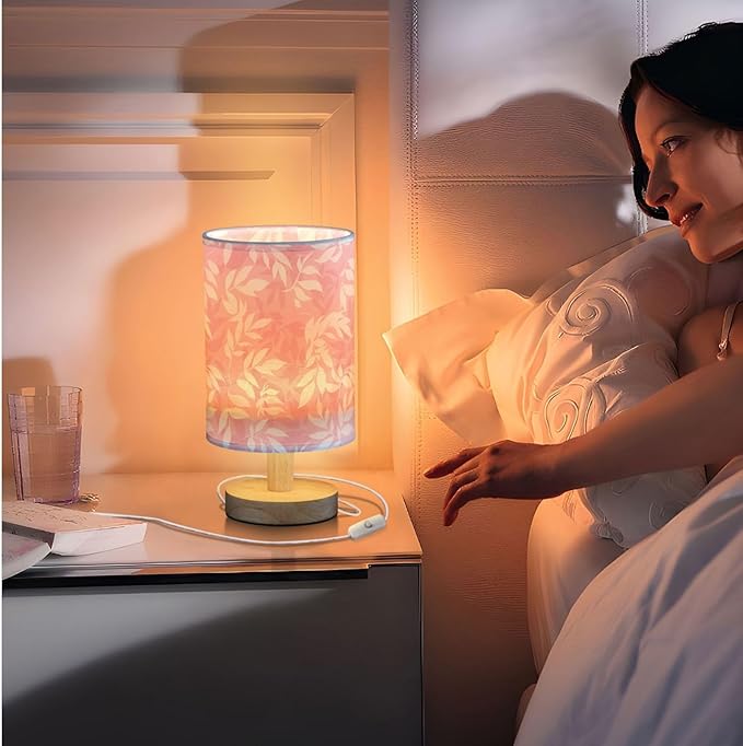 Fustylead Light Pink and White Leaves Bedside Table Lamps with USB Port for Bedroom Lamp Accent Table Lamp Small Nightstand Lamp Sturdy Linen Shade Wooden Decorative Lamps for Kids|Reading|Dorm|Home