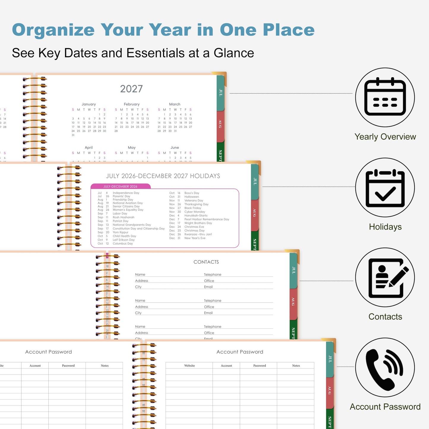 CAGIE Planner 2026-2027, 18 Month Weekly and Monthly Planner, Marble Design Calendar with Tabs, Jul 2026โDec 2027, Large 8.5" x 11" A4 Hardcover Spiral Agenda Planner for Home, Work, School and Teacher (Blue๏ผ