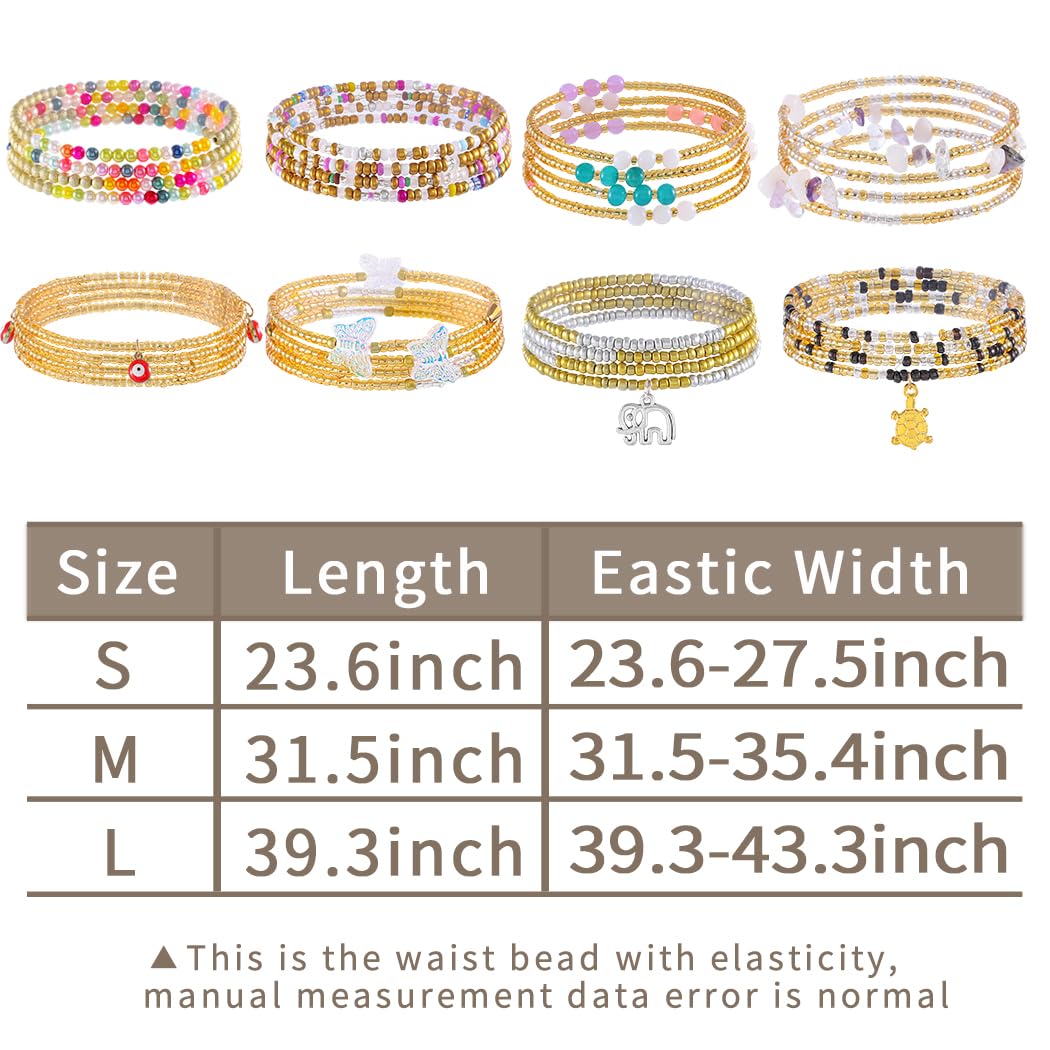 ELABEST 24-39inch African Waist Beads for Women 8Pcs Elastic Belly Beads Colorful Beaded Waist Jewelry Accessories Body Chain (Gold, 23.6inch/60cm)
