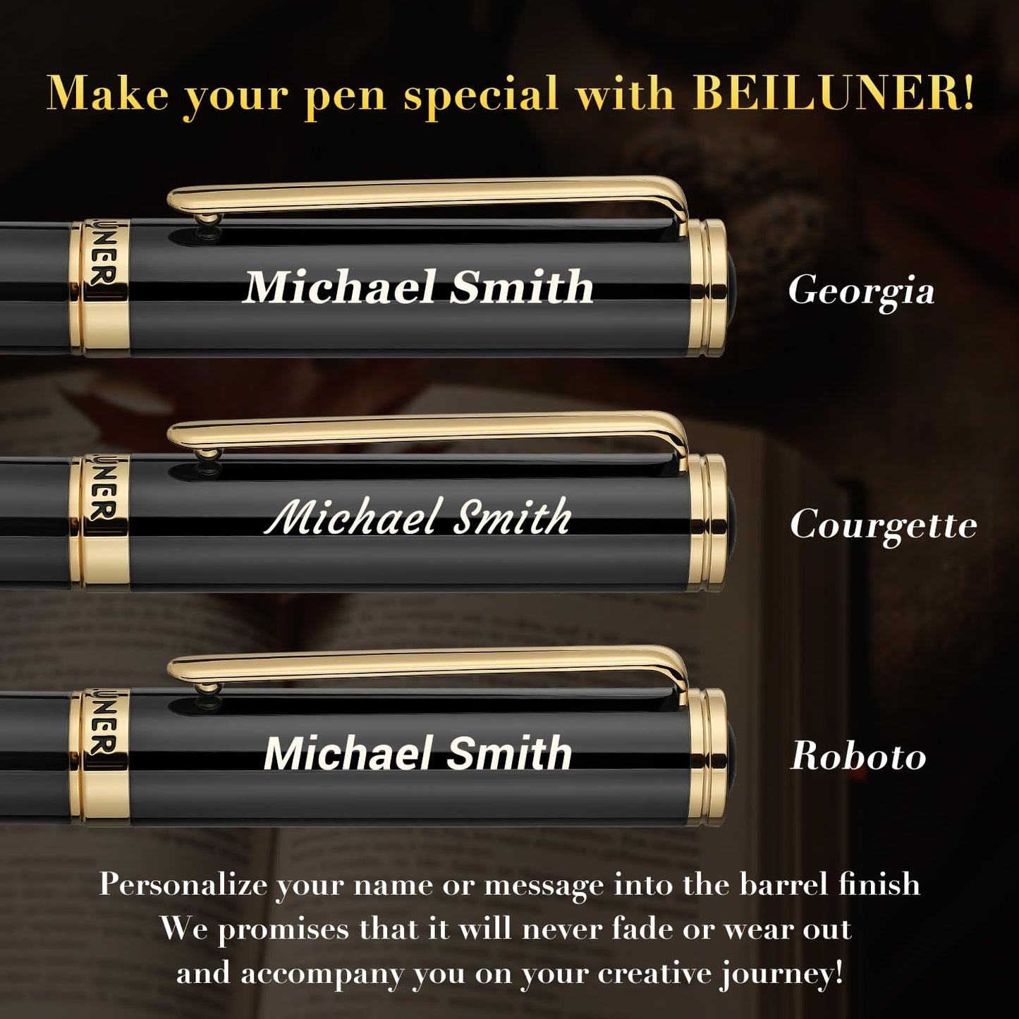BEILUNER Black Personalized Fountain Pen,Stunning Luxury Lacquer,24K Gilded Nib(Fine),Gorgeous 24K Gold Finish, Ink Converter,Fancy Office Gift for Men&Women-Elegant, Graduation,Nice Pens for Writing