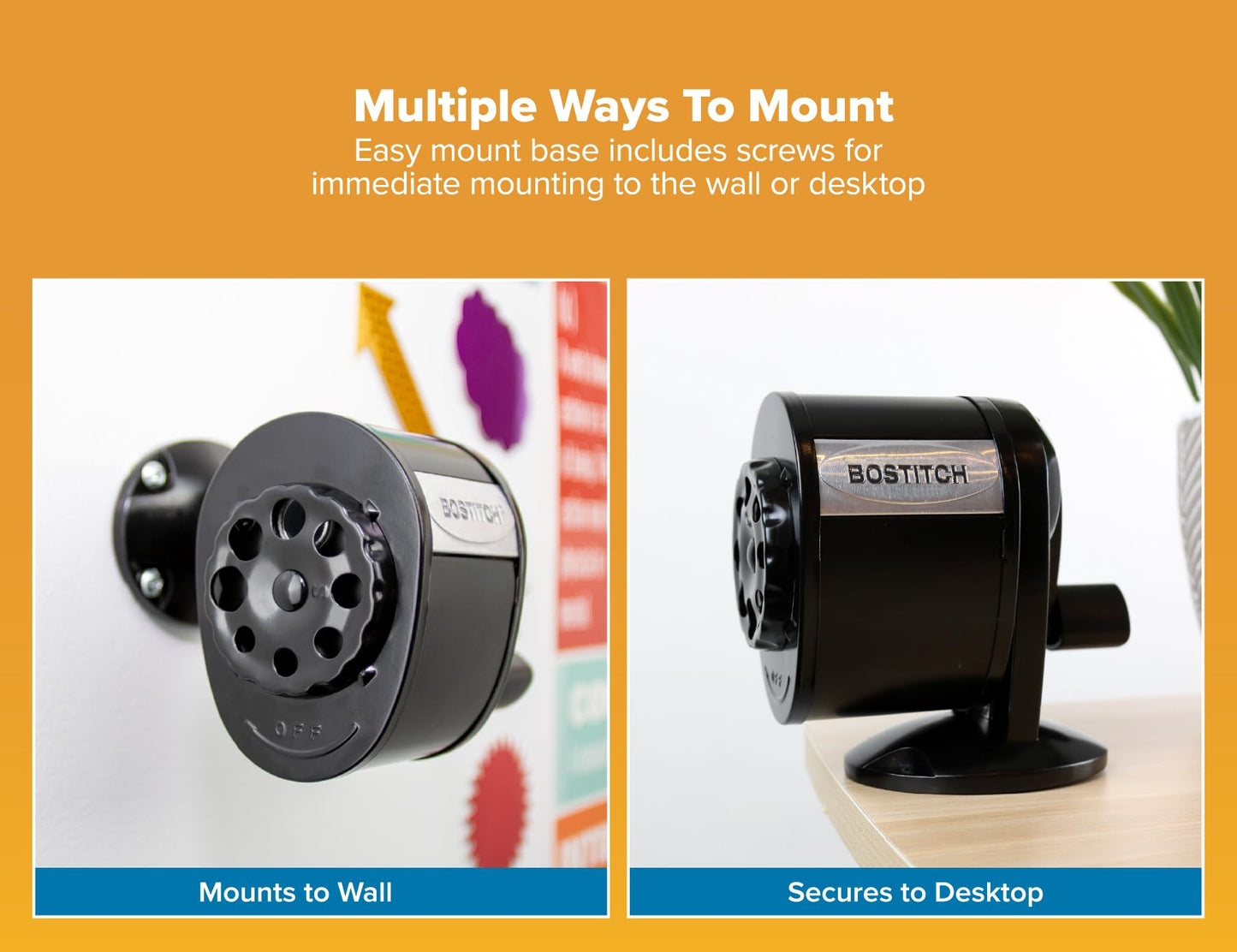 Bostitch Office Wall Mount Manual Pencil Sharpener, 8 Hole Dial, 6X Longer Cutter Life, Vertical or Horizontal Mounting, Black