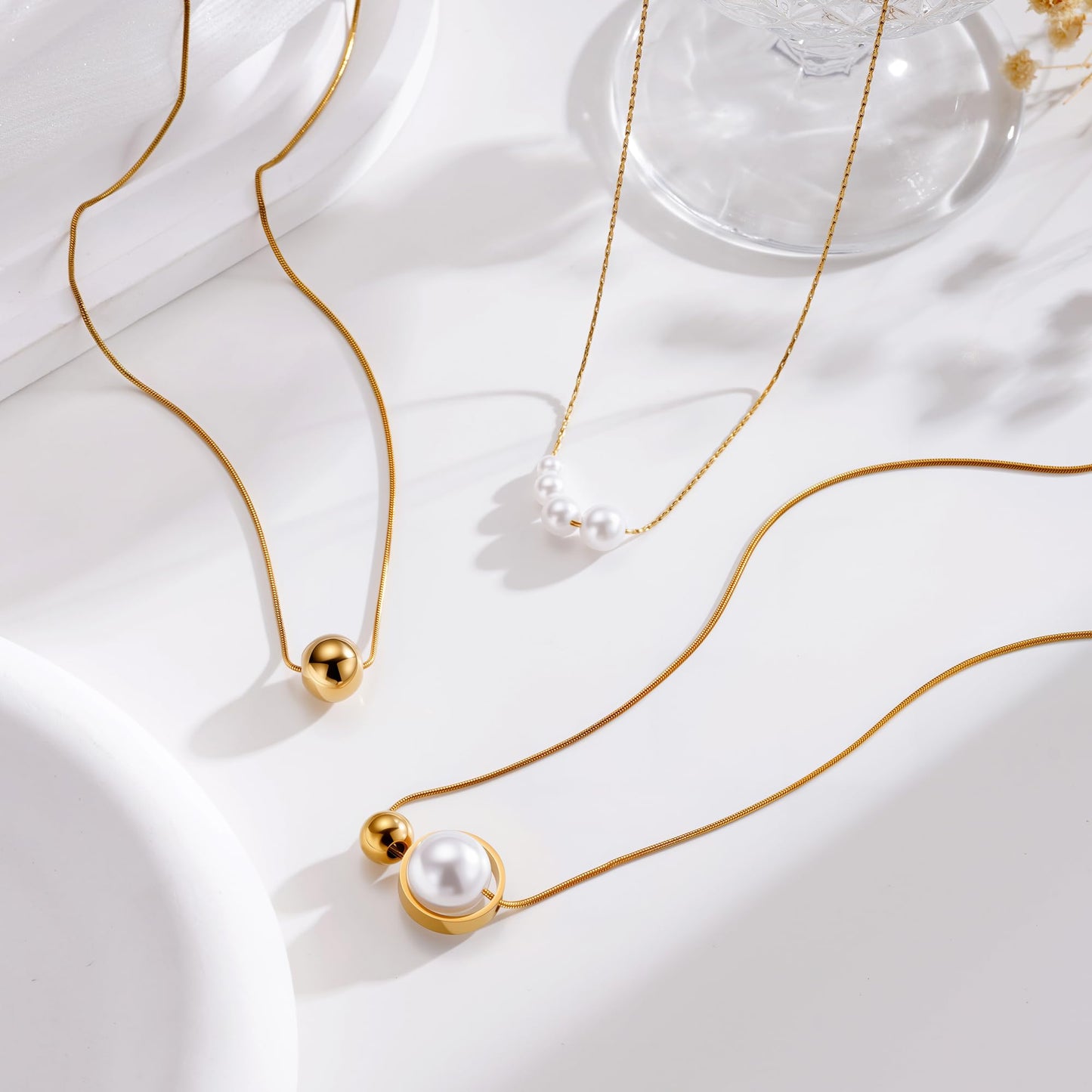 Rcidan Minimalist Pearl Pendant Necklace for Women, 14K Gold Plated Chain with Single Pearl & Bead Accent, Dainty Everyday Jewelry Gift